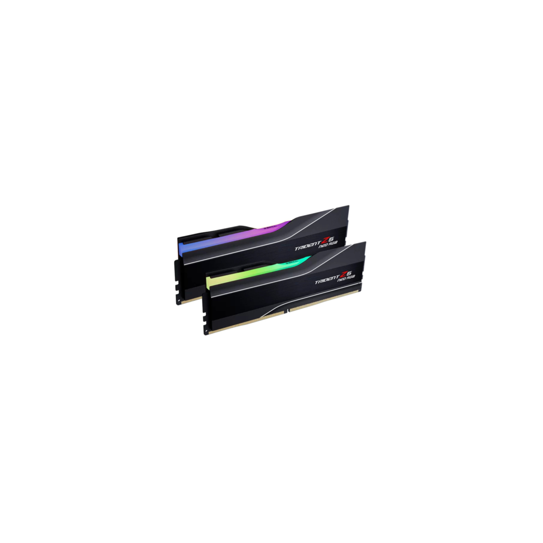 Due moduli RAM neri Trident Z5 Neo RGB con vivaci colori luminosi sui bordi superiori su sfondo bianco.