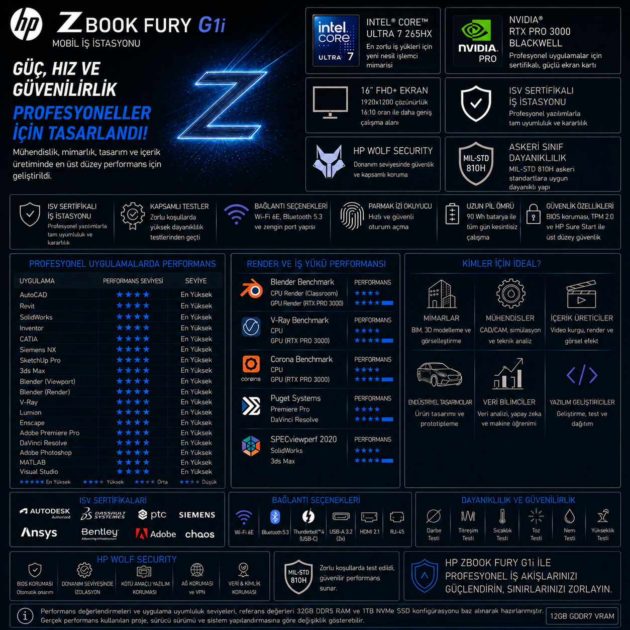 HP ZBook Fury G1i mobil iş istasyonunun teknik özelliklerini ve performansını gösteren infografik.