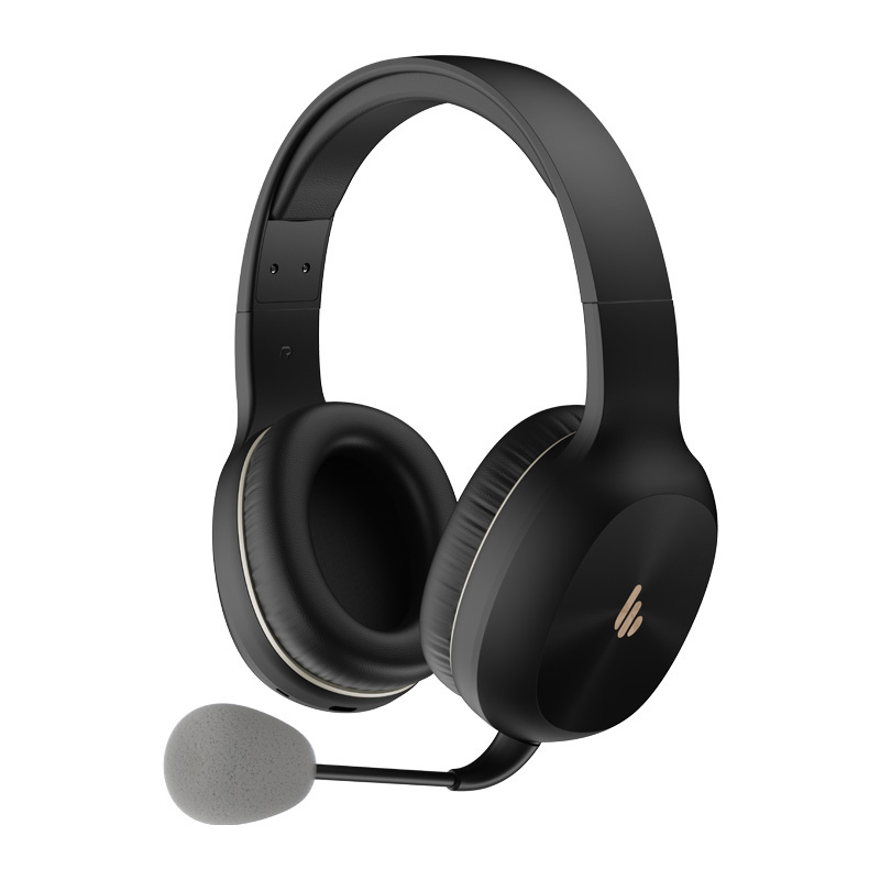 Cuffie over-ear nere con padiglioni auricolari imbottiti, archetto e microfono collegato con copertura in schiuma grigia.