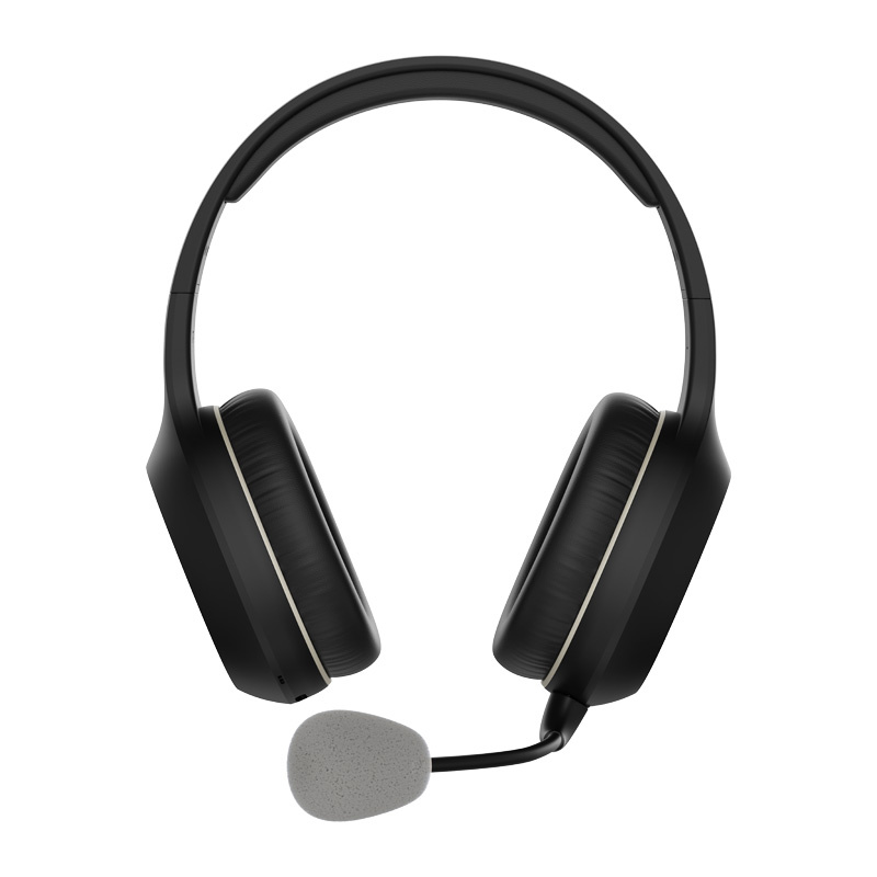 Cuffie on-ear nere con archetto regolabile, padiglioni auricolari imbottiti e microfono ad asta con copertura in schiuma grigia.