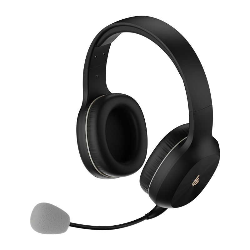 Cuffie over-ear nere con microfono e copriauricolare in schiuma grigia.