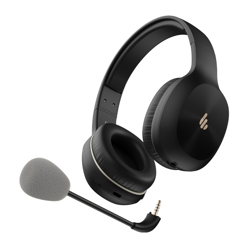 Cuffie over-ear nere con padiglioni imbottiti e microfono staccabile con rivestimento in gommapiuma grigia.