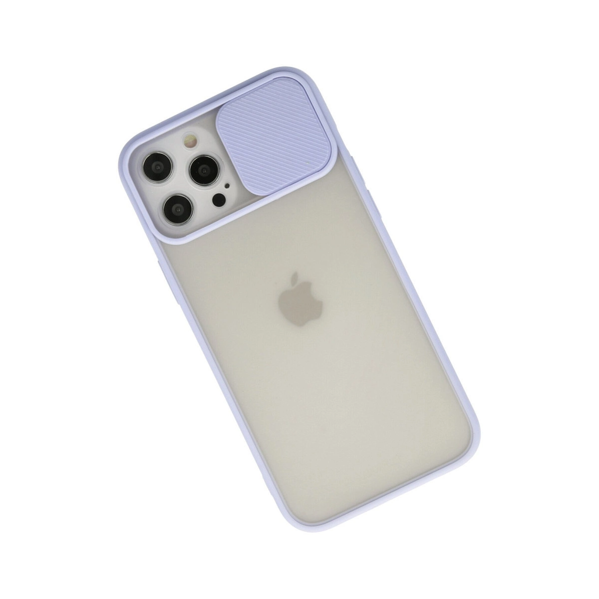 Beyaz arka planda sürgülü kamera kapaklı mor kılıf içinde mat bir iPhone.