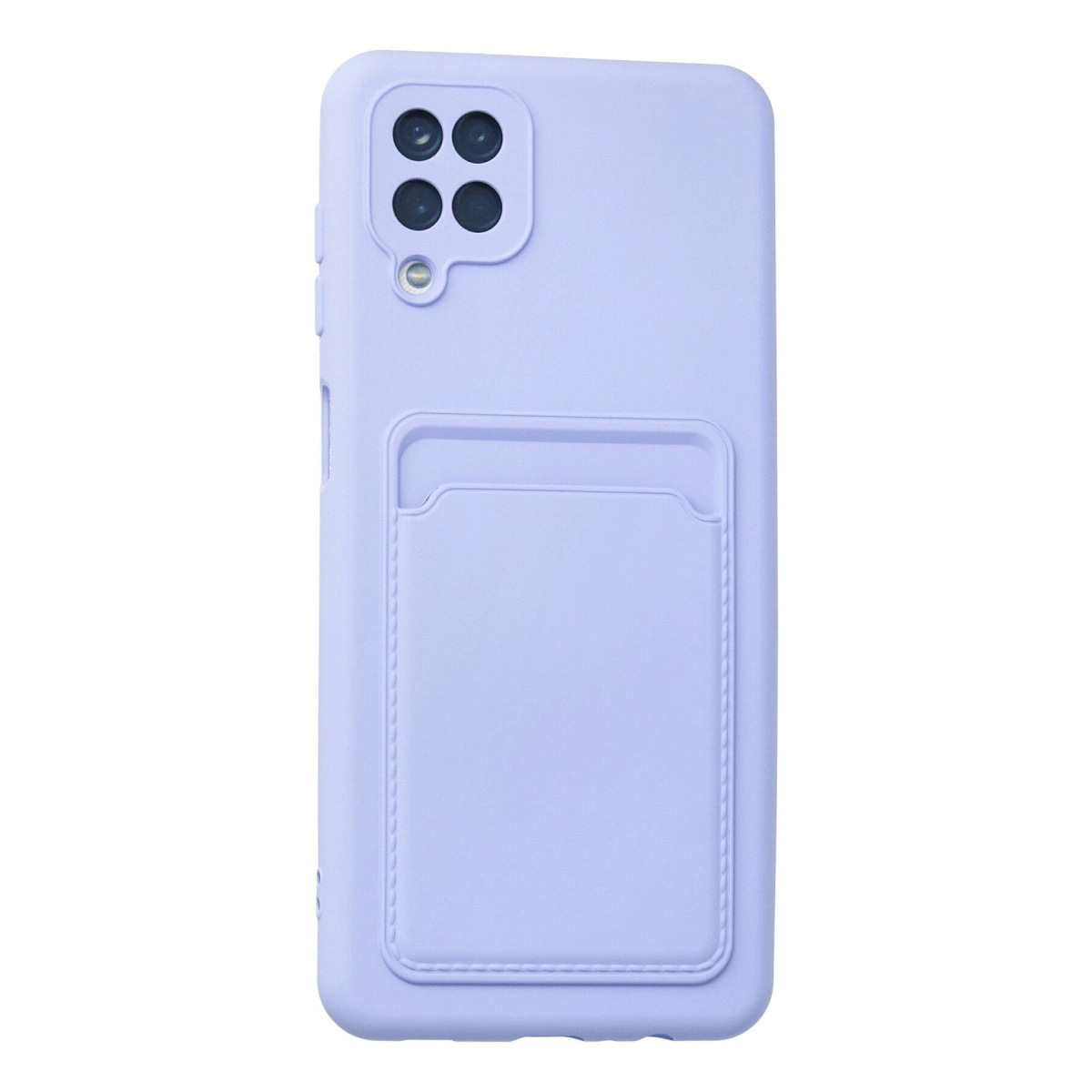 Arka tarafında yerleşik kartlık ve dört kamera için kesik bulunan açık mor renkli telefon kılıfı.