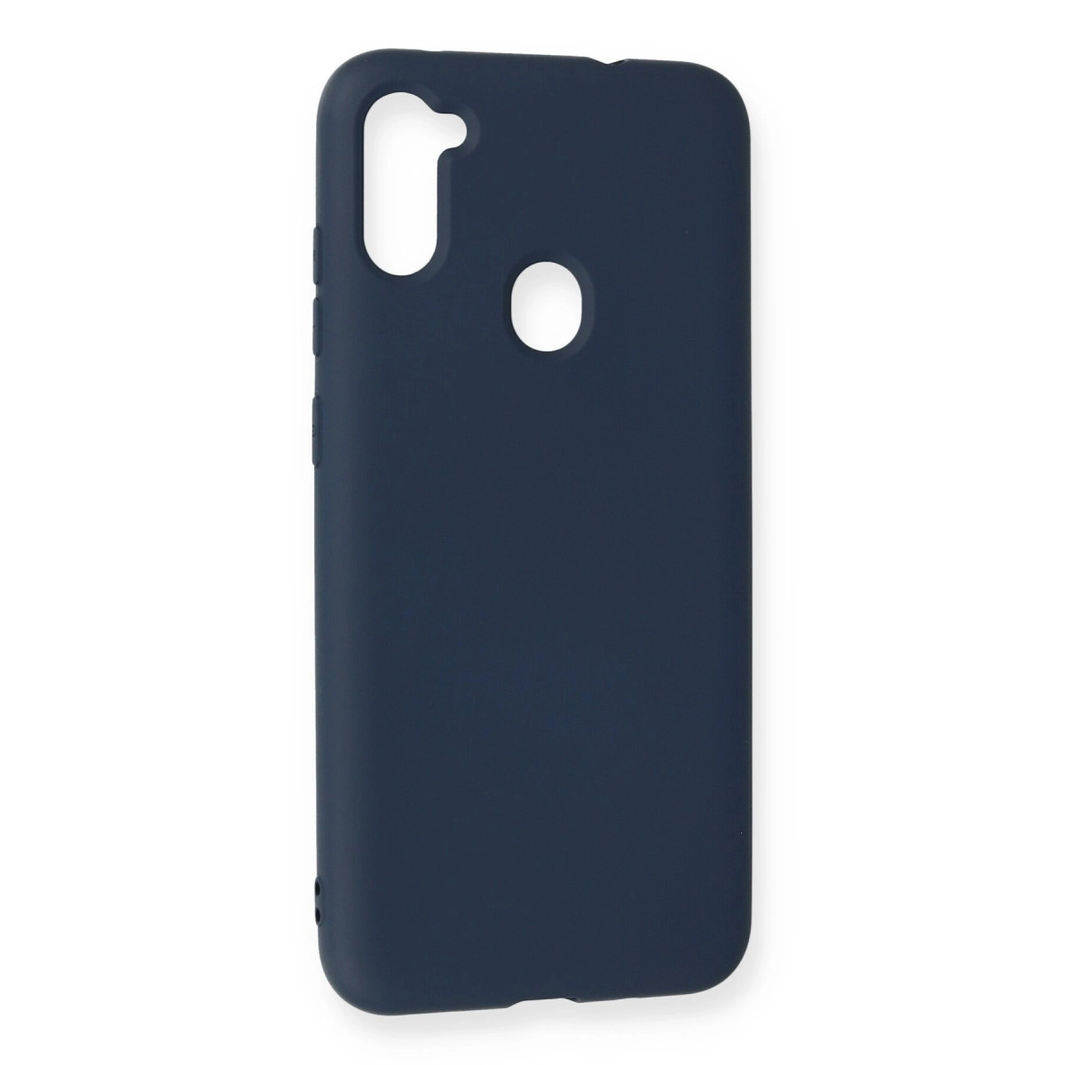Beyaz arka planda kamera ve parmak izi sensörü için kesikleri olan koyu mavi silikon telefon kılıfı.