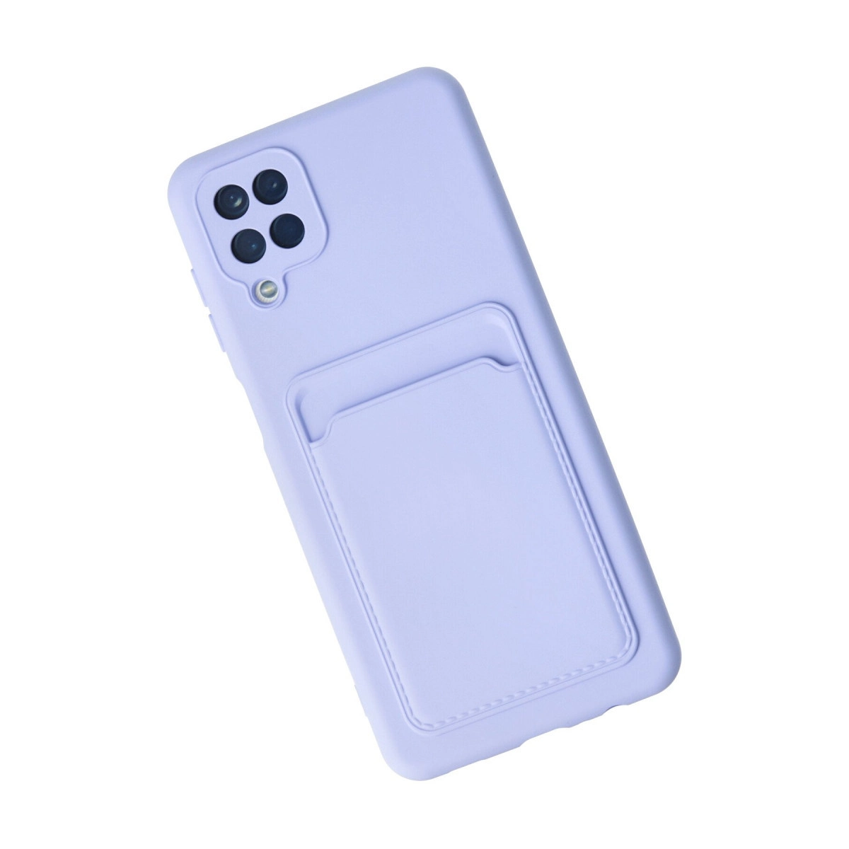 Arkasında kartlık bölmesi ve dörtlü kamera modülü bulunan açık mor renkli akıllı telefon kılıfı.
