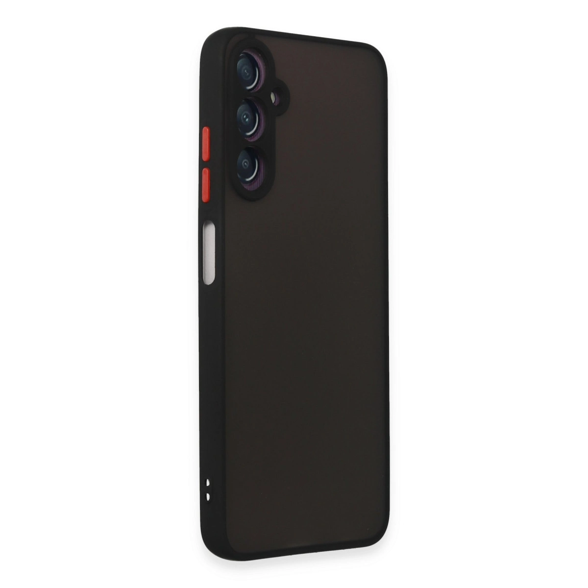 Arkada üç kamera çıkıntısına ve yanda iki kırmızı düğmeye sahip mat siyah bir akıllı telefon kılıfı.