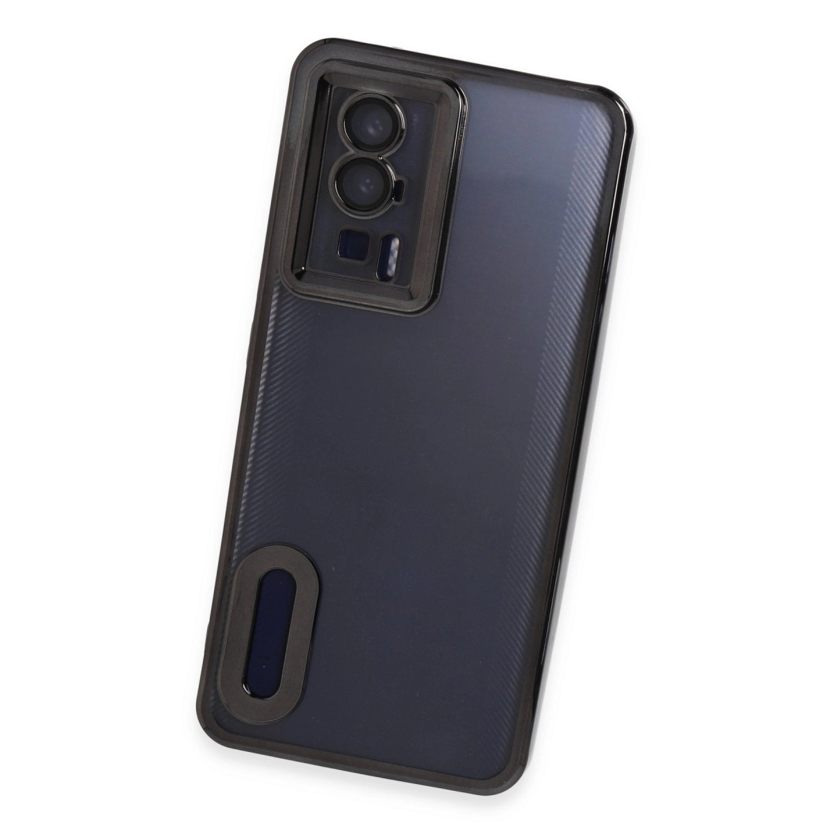 Beyaz arkaplanda, dikey kamera modüllü ve altta oval kesikli koyu gri kılıf içinde bir akıllı telefon.