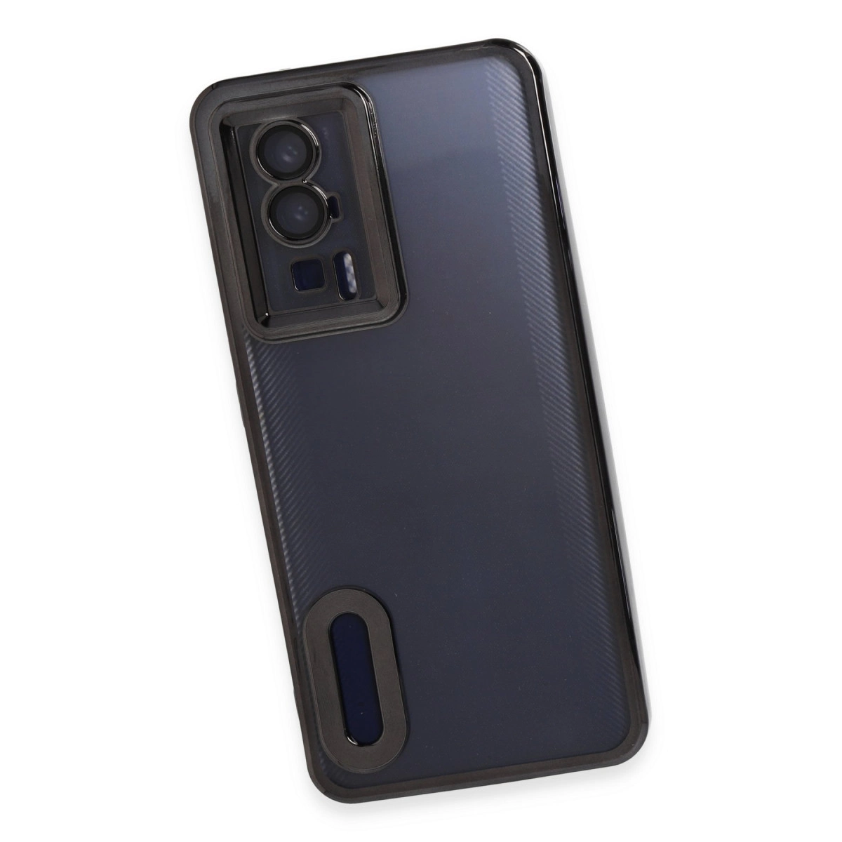 Dikdörtgen kamera kesikli ve altta oval detaylı koyu gri koruyucu telefon kılıfı.