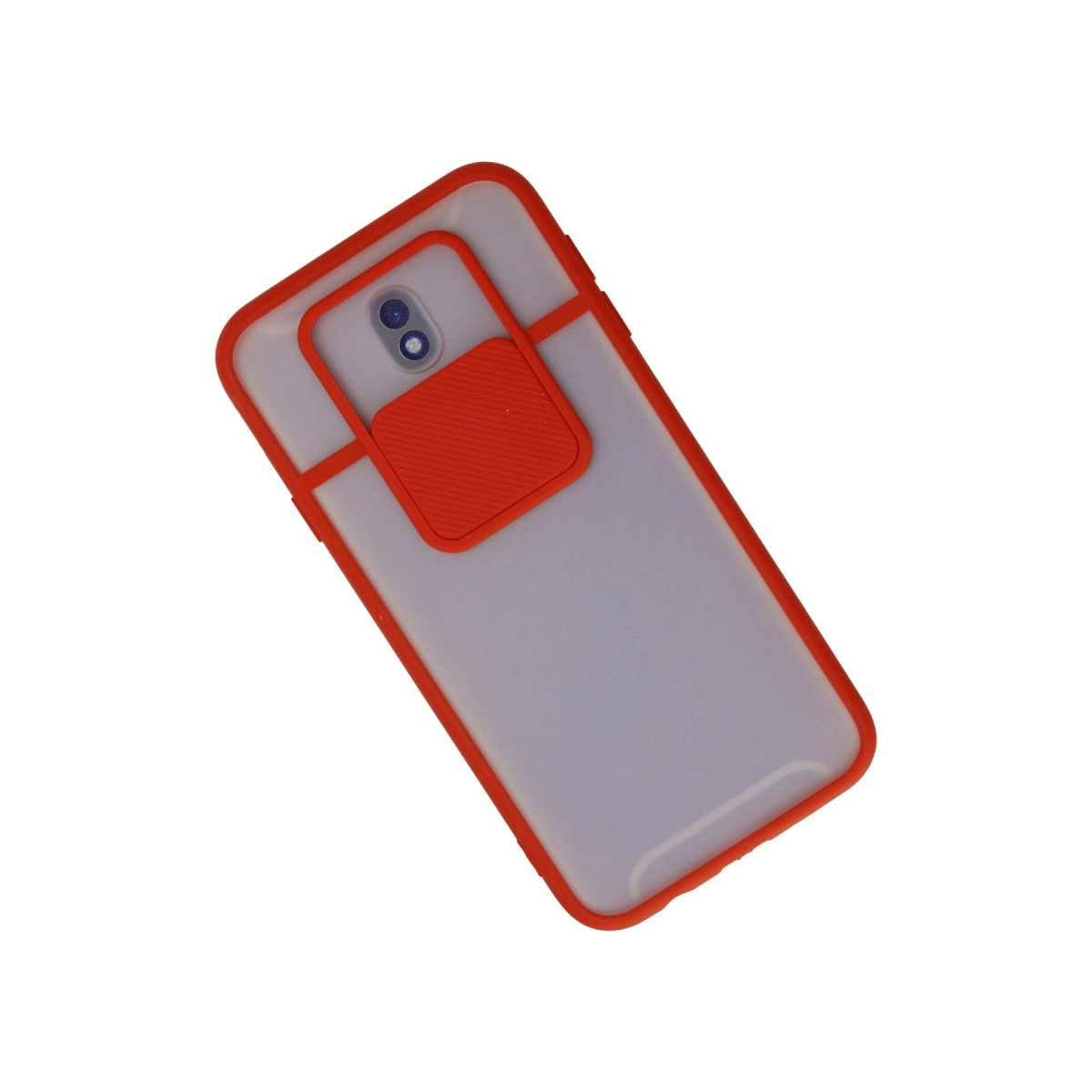 Kırmızı çerçeveli, şeffaf kılıflı ve kaydırmalı kamera kapaklı akıllı telefon.