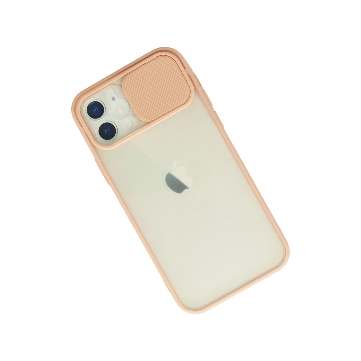 Beyaz arka planda kaydırmalı kamera koruyuculu mat pembe kılıf içinde bir Apple akıllı telefon.