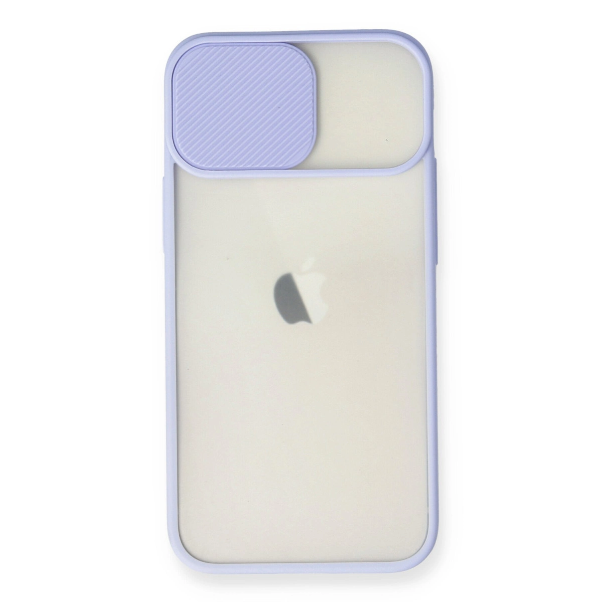 Buzlu yarı saydam arka yüzeye ve kaydırılabilir kamera kapağına sahip açık mor iPhone kılıfı.
