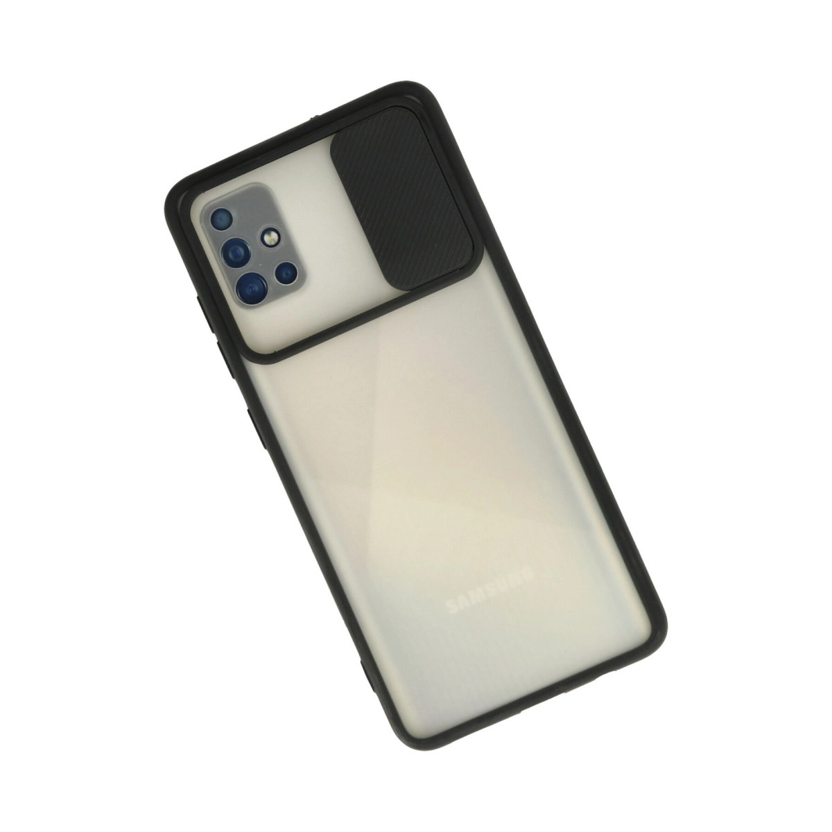 Siyah çerçeveli, yarı saydam beyaz kılıf içinde ve arkasında sürgülü kamera kapağı olan akıllı telefon.