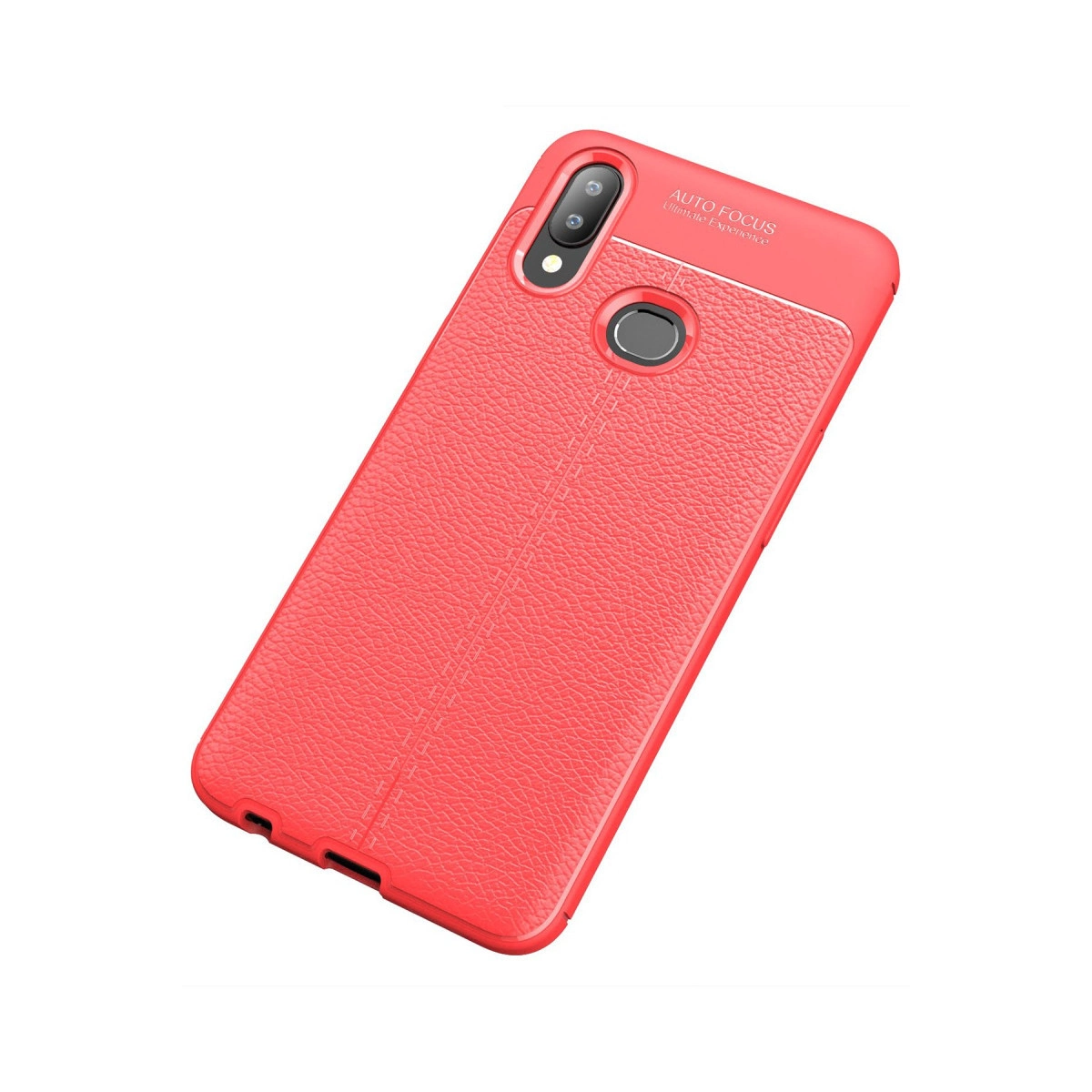 Kamera kesikli, dikiş desenli ve oto fokus yazılı kırmızı deri telefon kılıfı beyaz arka planda.