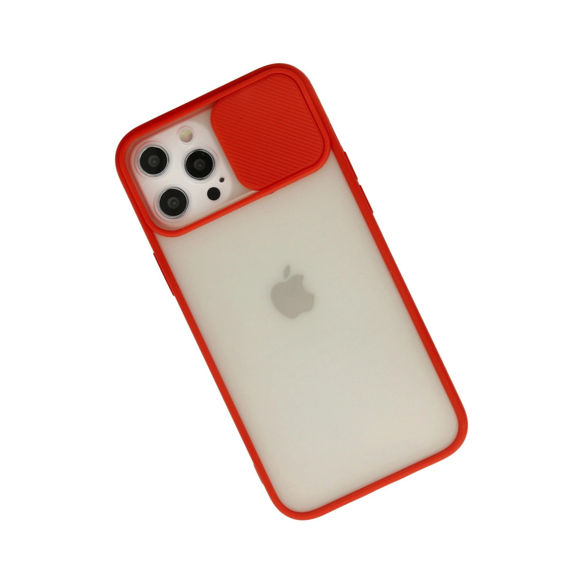 Kamera lensleri üzerinde kapalı kayar kapağa sahip kırmızı kılıflı bir iPhone.