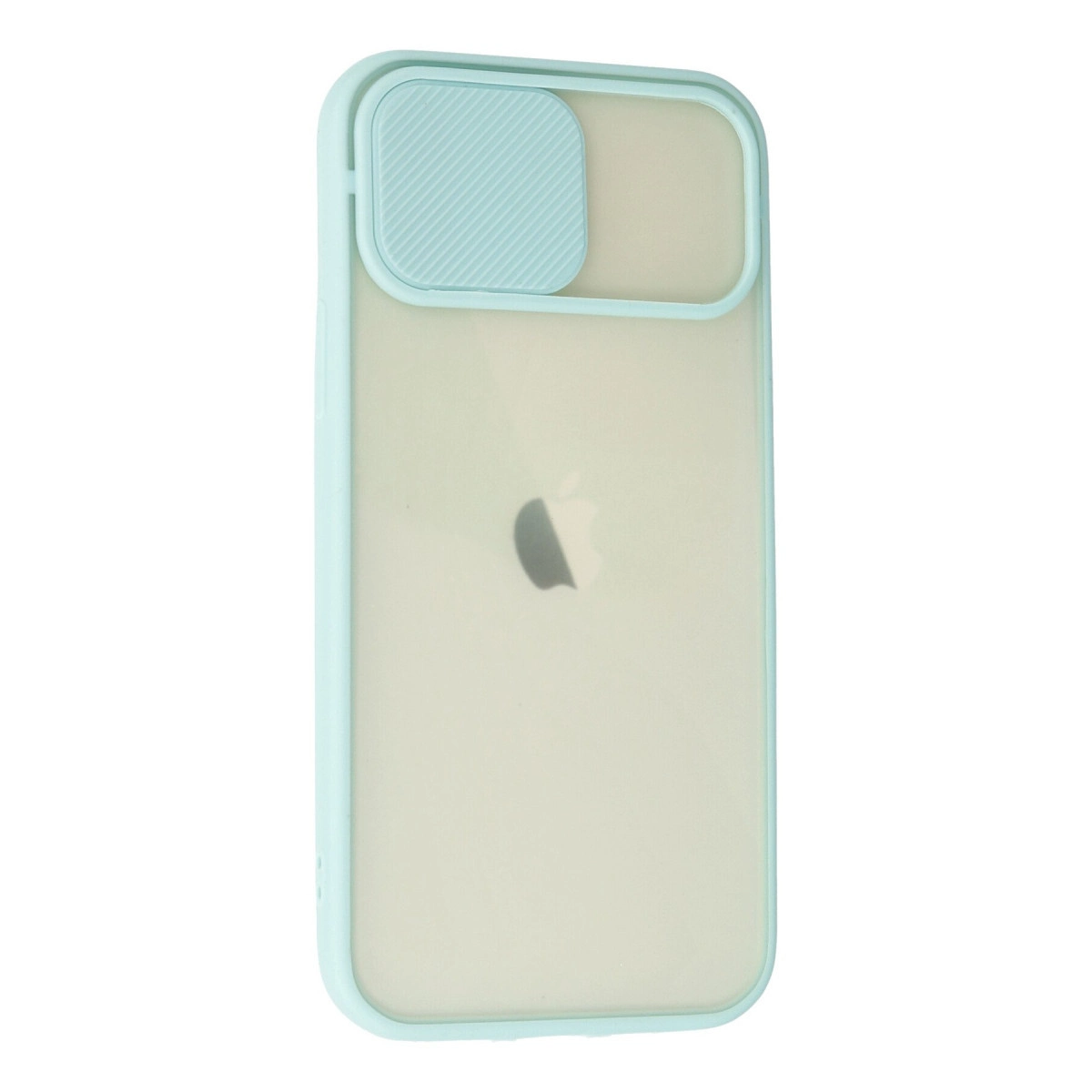 Beyaz arka planda kaydırılabilir kamera lens kapaklı açık mavi iPhone kılıfı.