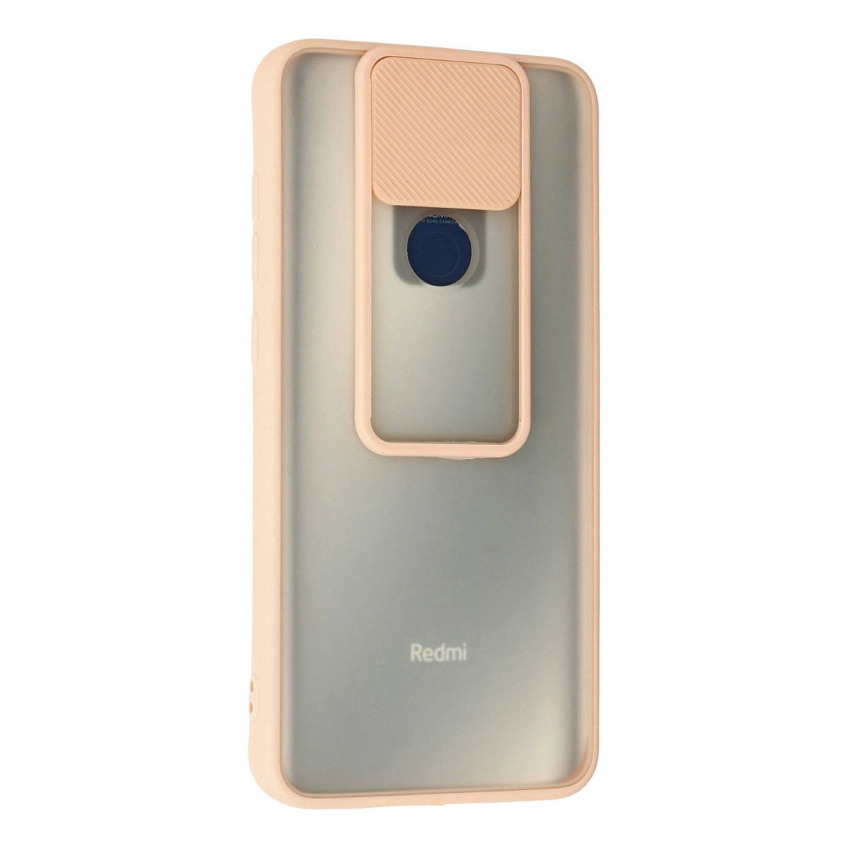 Açık şeftali renginde, kayar kamera kapaklı ve altta Redmi yazısı olan yarı saydam akıllı telefon kılıfı.
