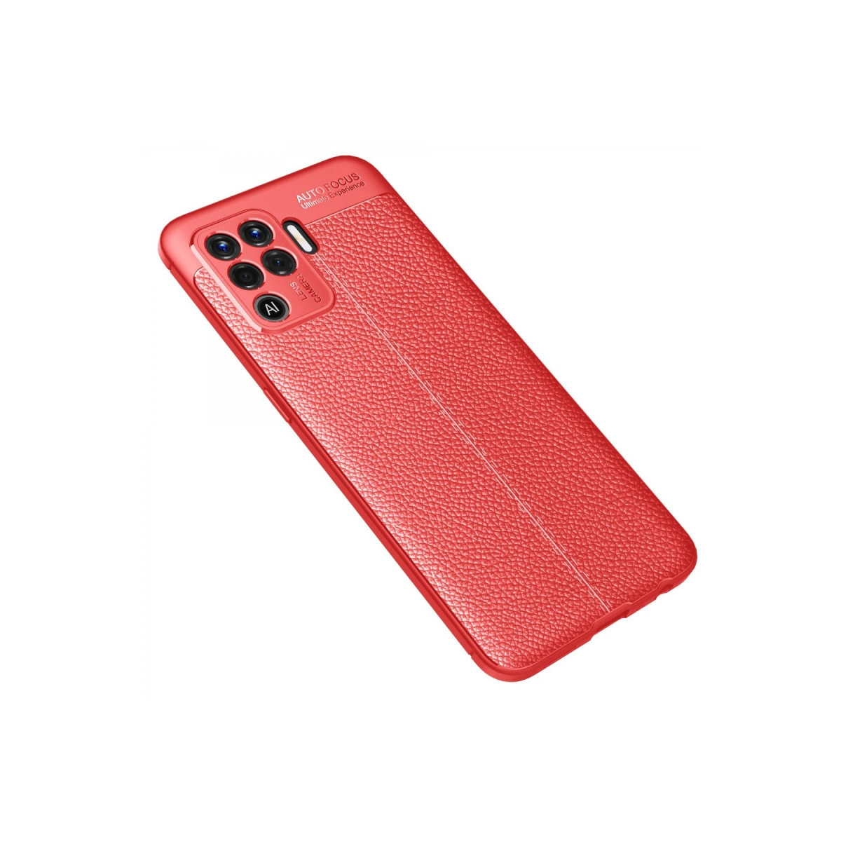 Deri dokulu arka yüzeye ve kare kamera modülüne sahip canlı kırmızı akıllı telefon, düz beyaz arka planda.