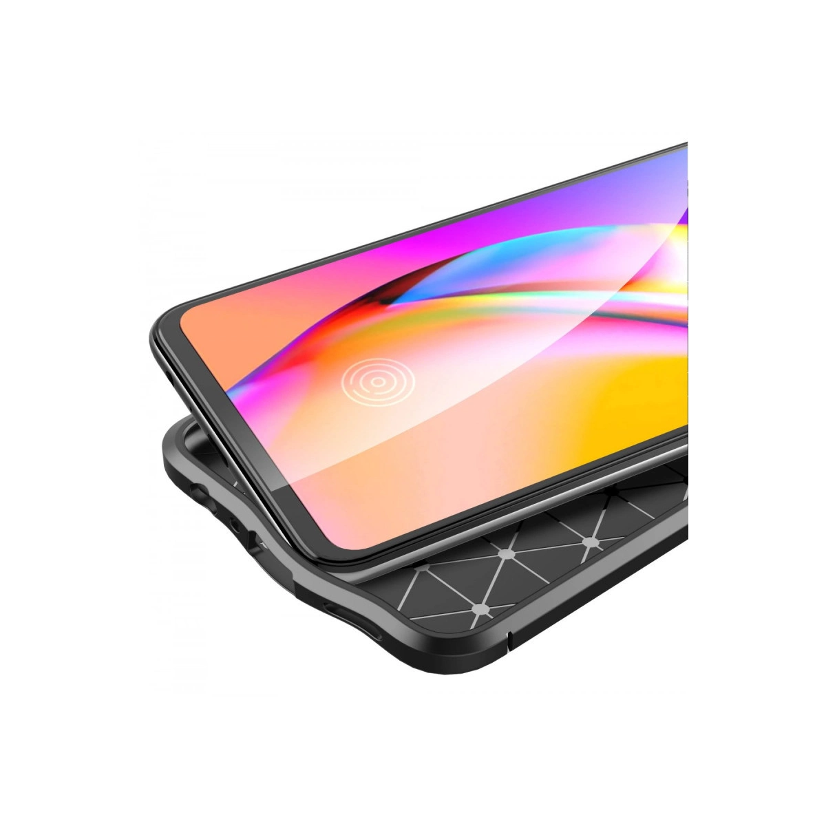 Renkli bir ekran görüntüsüne ve koruyucu kılıfa sahip akıllı telefon.