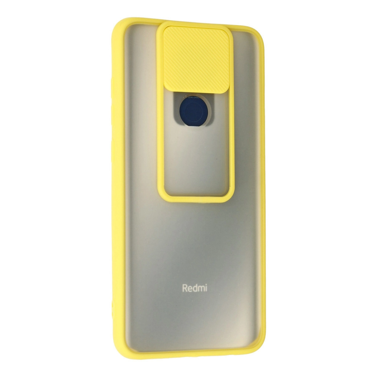Sarı kenarlı ve sürgülü kamera kapaklı şeffaf telefon kılıfı, arkasında Redmi logosu bulunuyor.
