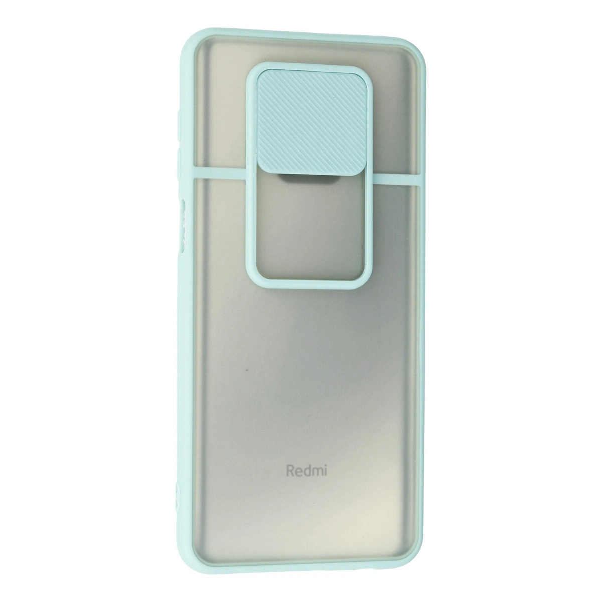Beyaz arka planda Redmi için kamera kapaklı açık mavi telefon kılıfı.