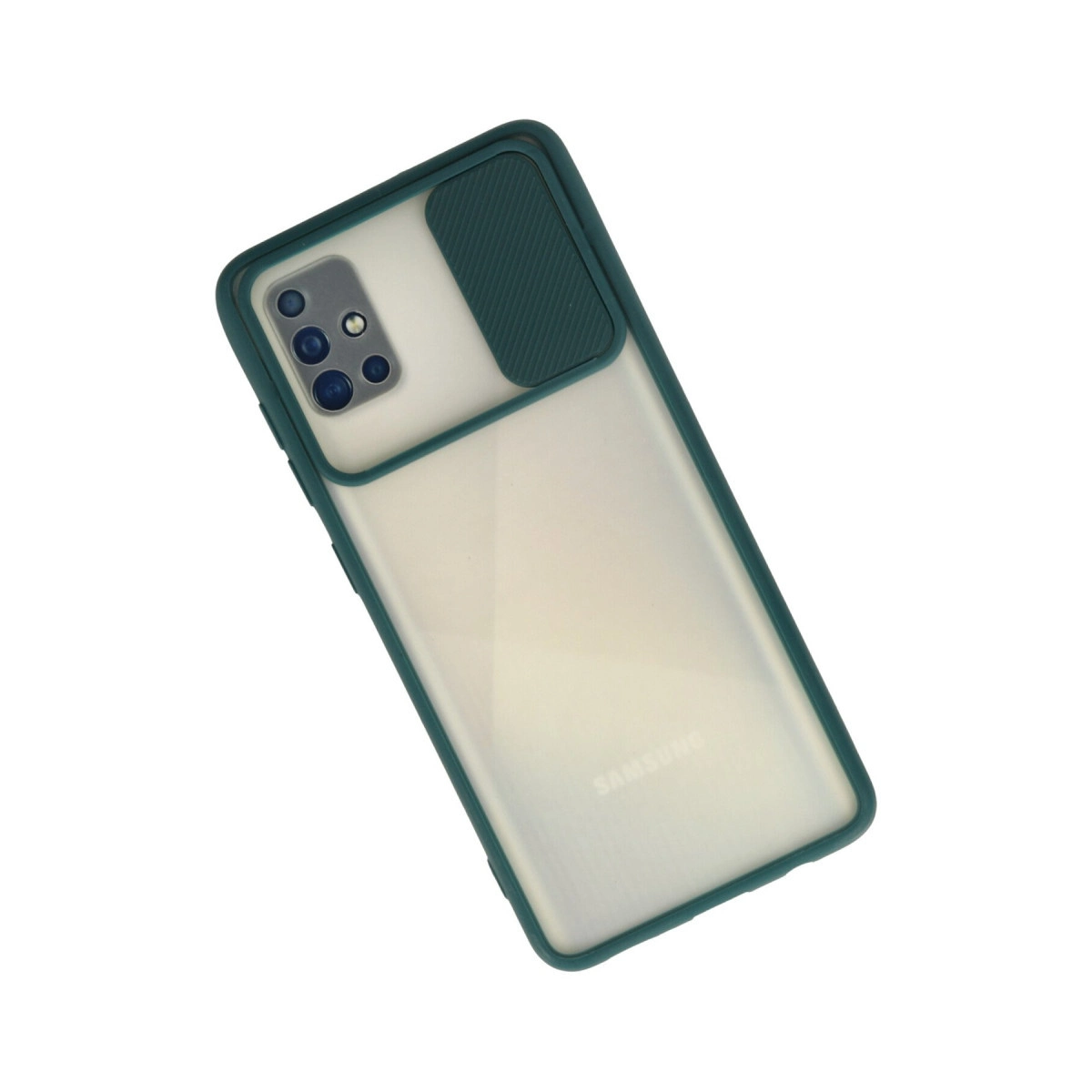 Sürgülü kamera kapaklı mat koyu yeşil koruyucu kılıf içerisindeki akıllı telefon.
