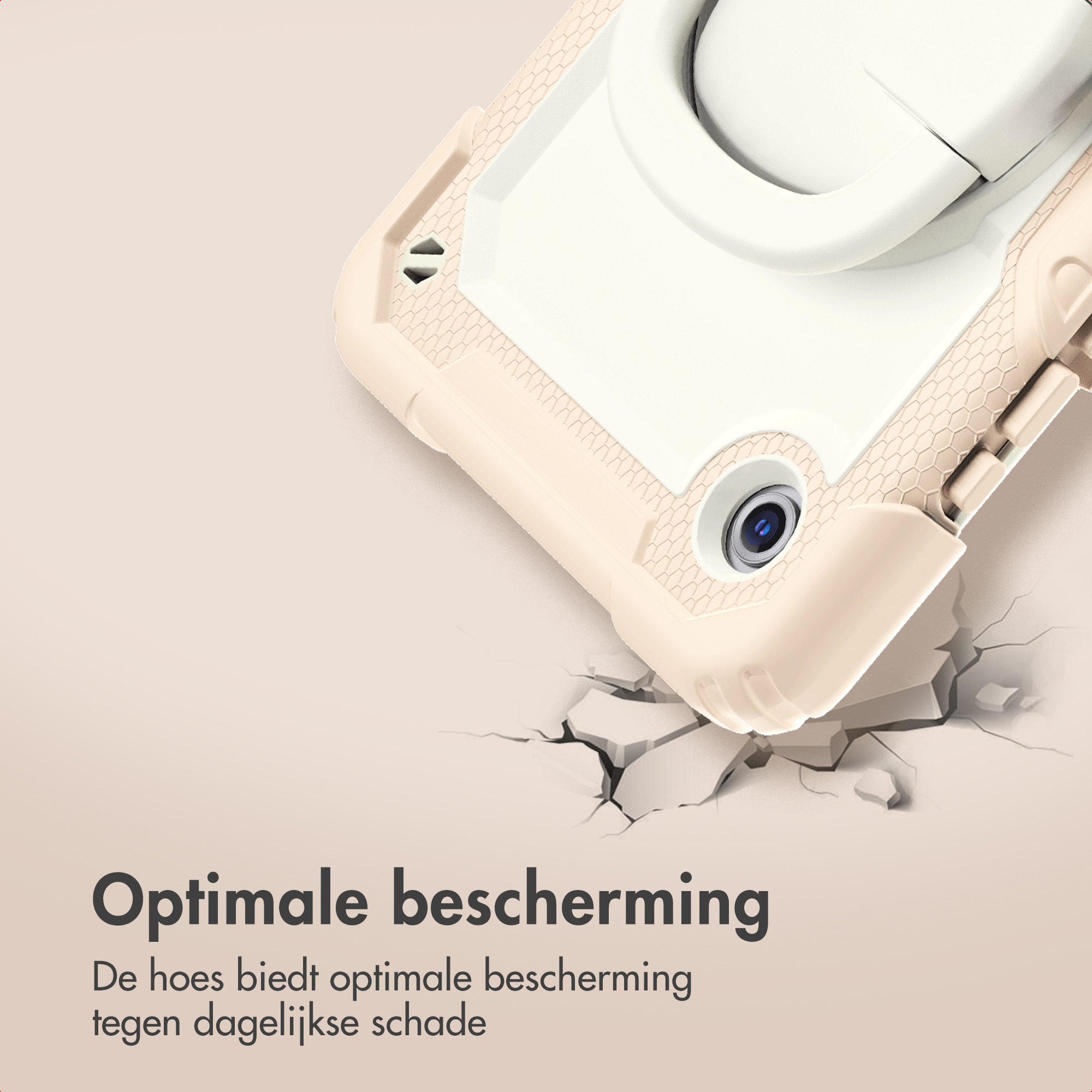 A beige and white rugged phone case on a cracked surface with promotional Dutch text.