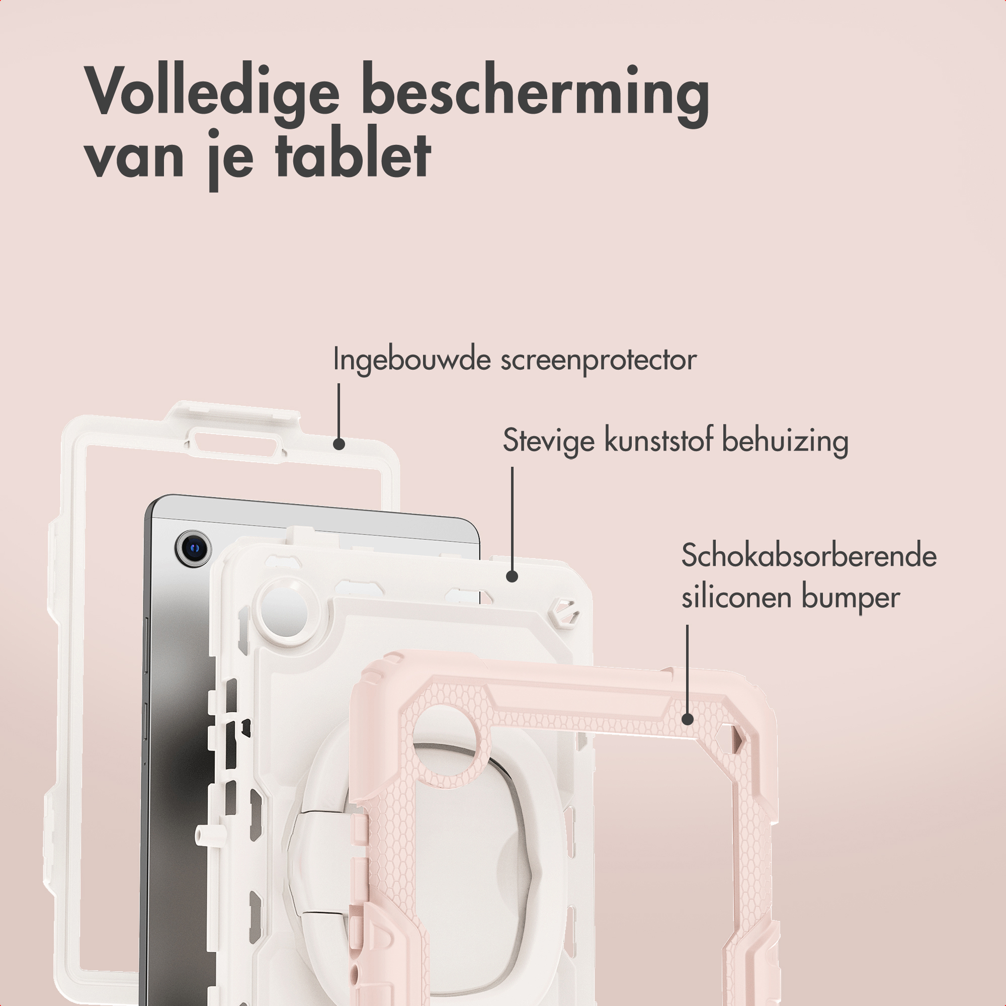 An exploded view of a protective tablet case showing layers like screen protector, plastic frame, and silicone bumper.