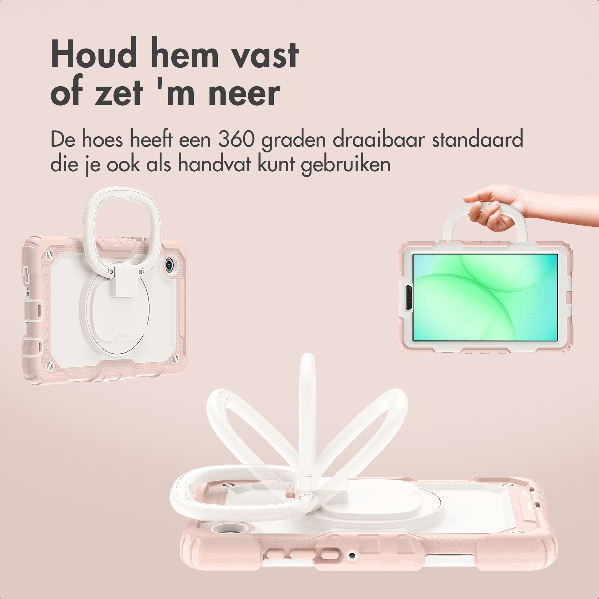 Pink tablet case showing a 360-degree rotatable handle and stand.