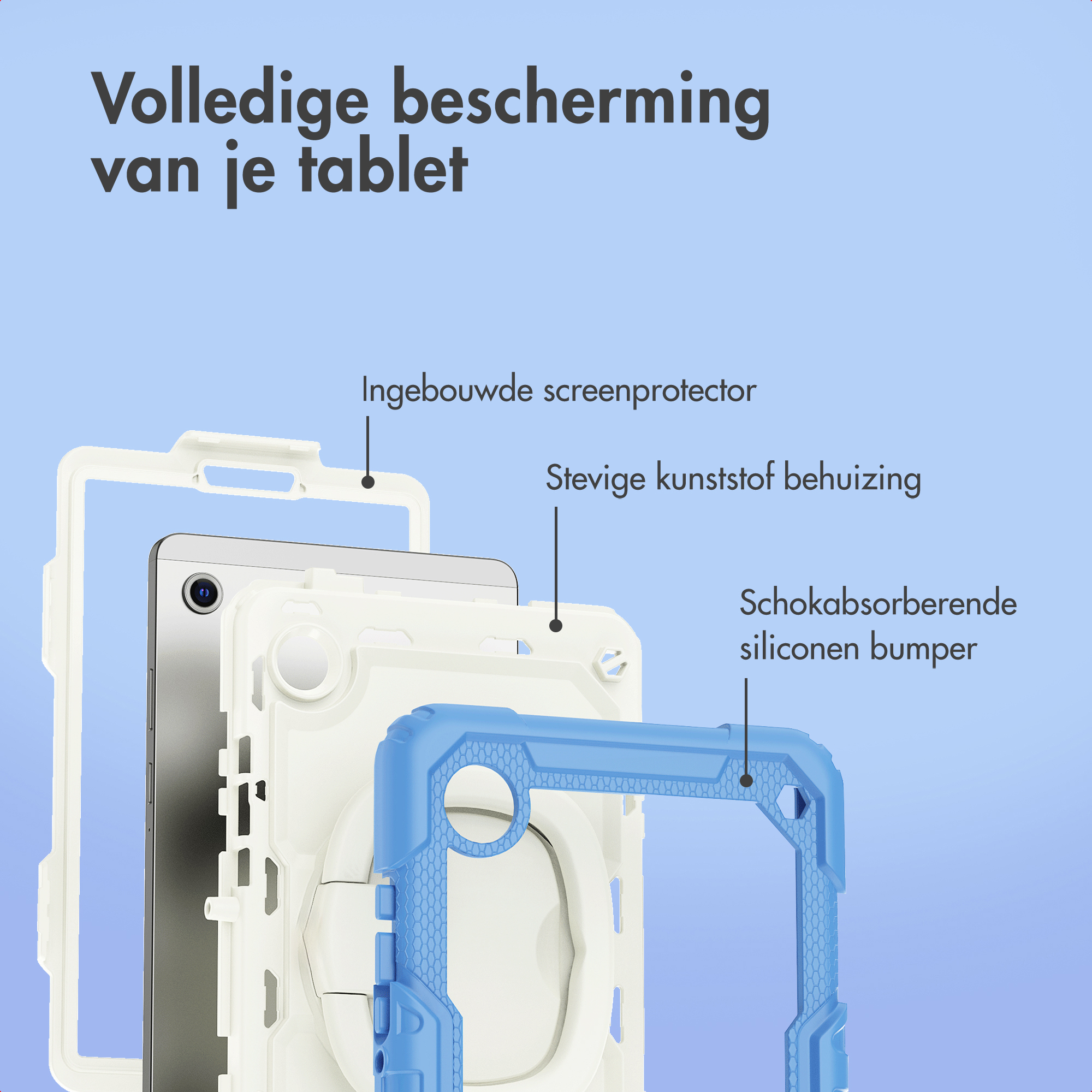 A tablet case with multiple layers including screen protector, plastic housing, and a shock-absorbing blue bumper.