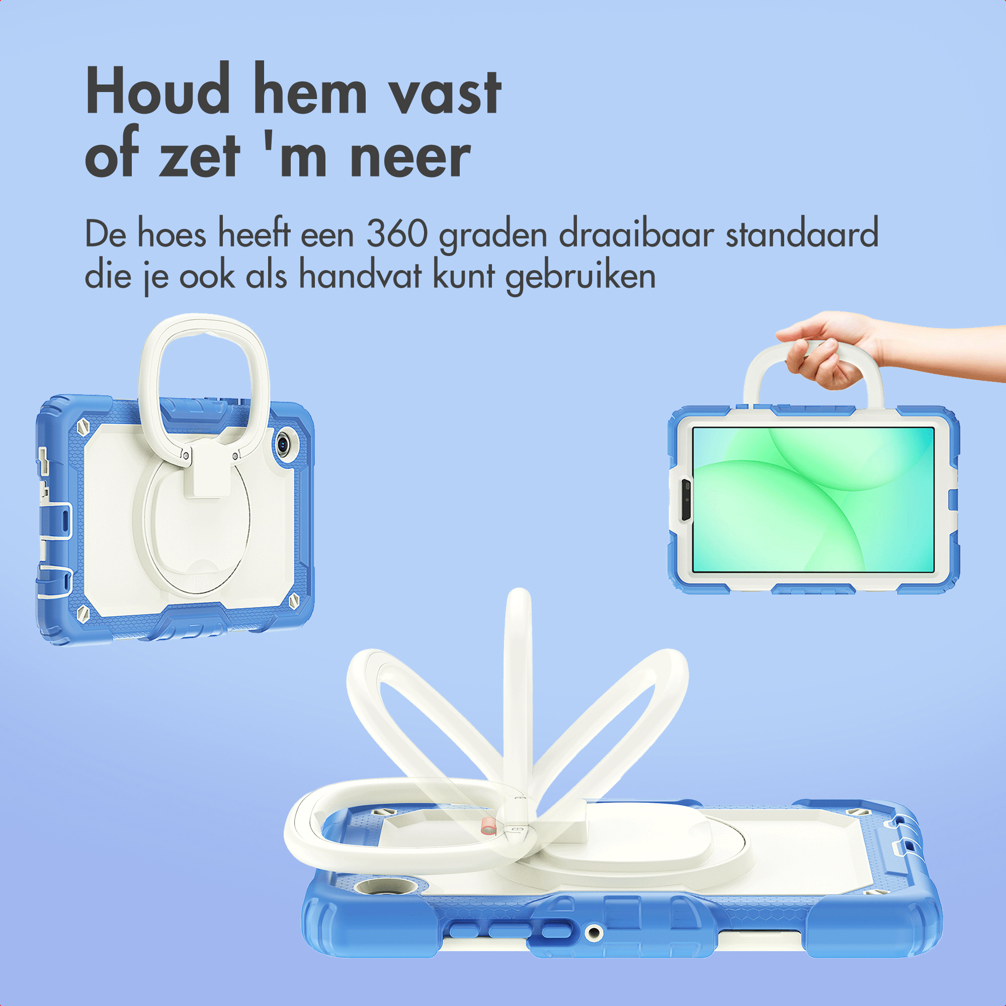 A blue and white tablet case with a 360-degree rotating white handle and stand, shown in multiple angles with Dutch text.