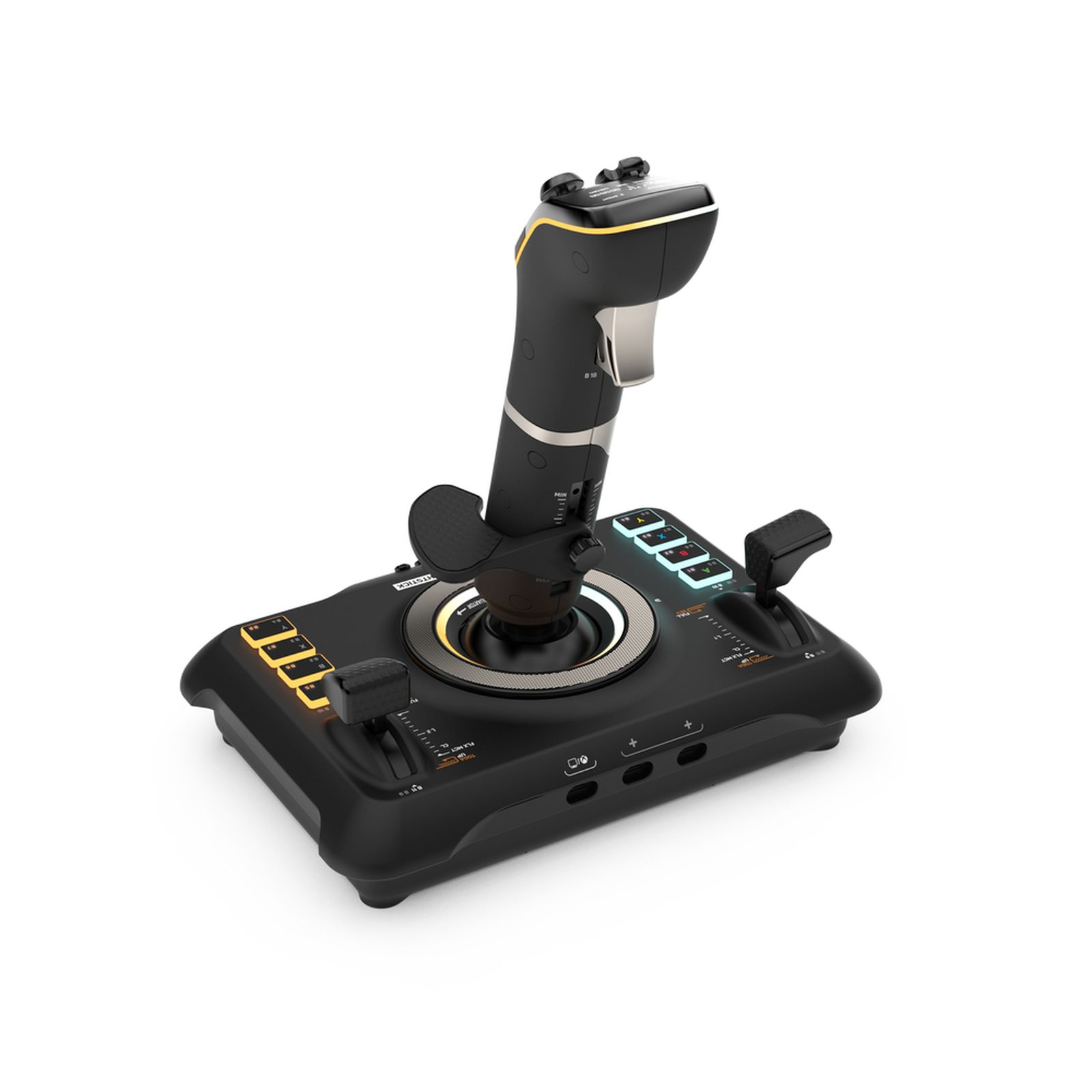 Un joystick da gioco nero con pulsanti illuminati e due acceleratori su sfondo bianco.