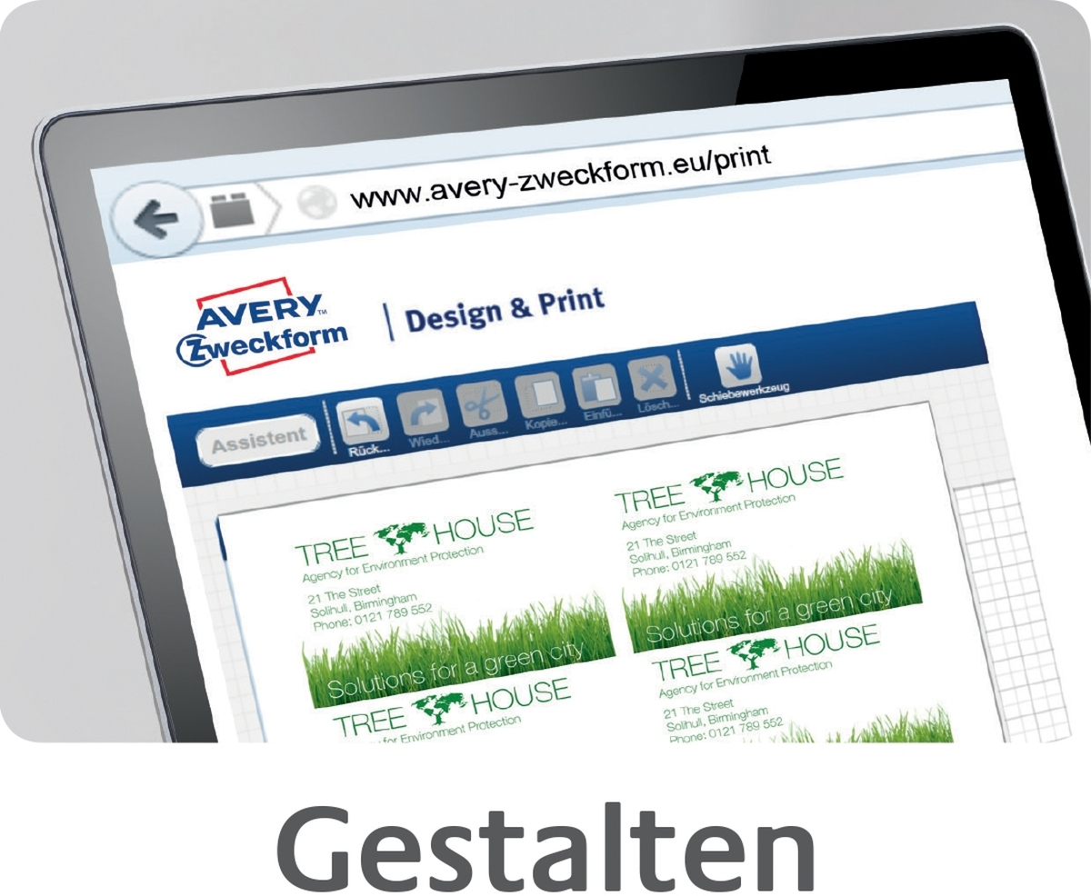 Ein Tablet zeigt die Avery Zweckform Design & Print Website mit einem Tree House Entwurf.