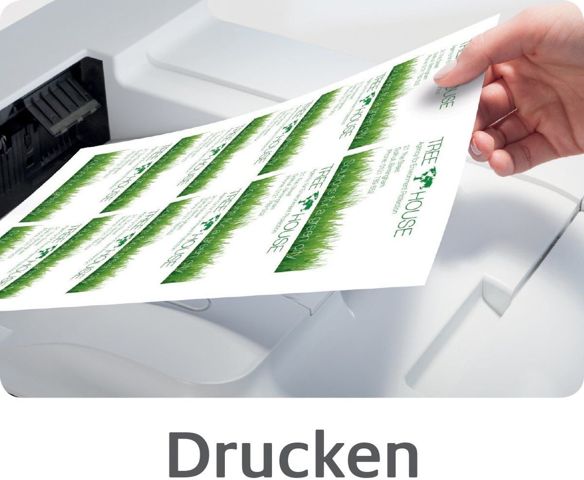 Eine Hand nimmt ein frisch gedrucktes Blatt mit grünen Motiven aus einem Drucker.