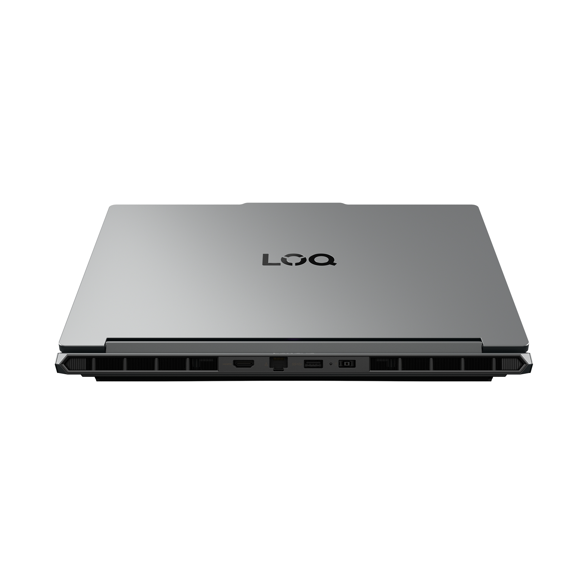 Rückansicht eines grauen LOQ-Laptops mit sichtbaren Anschlüssen und Lüftungsschlitzen auf einer weißen Oberfläche.