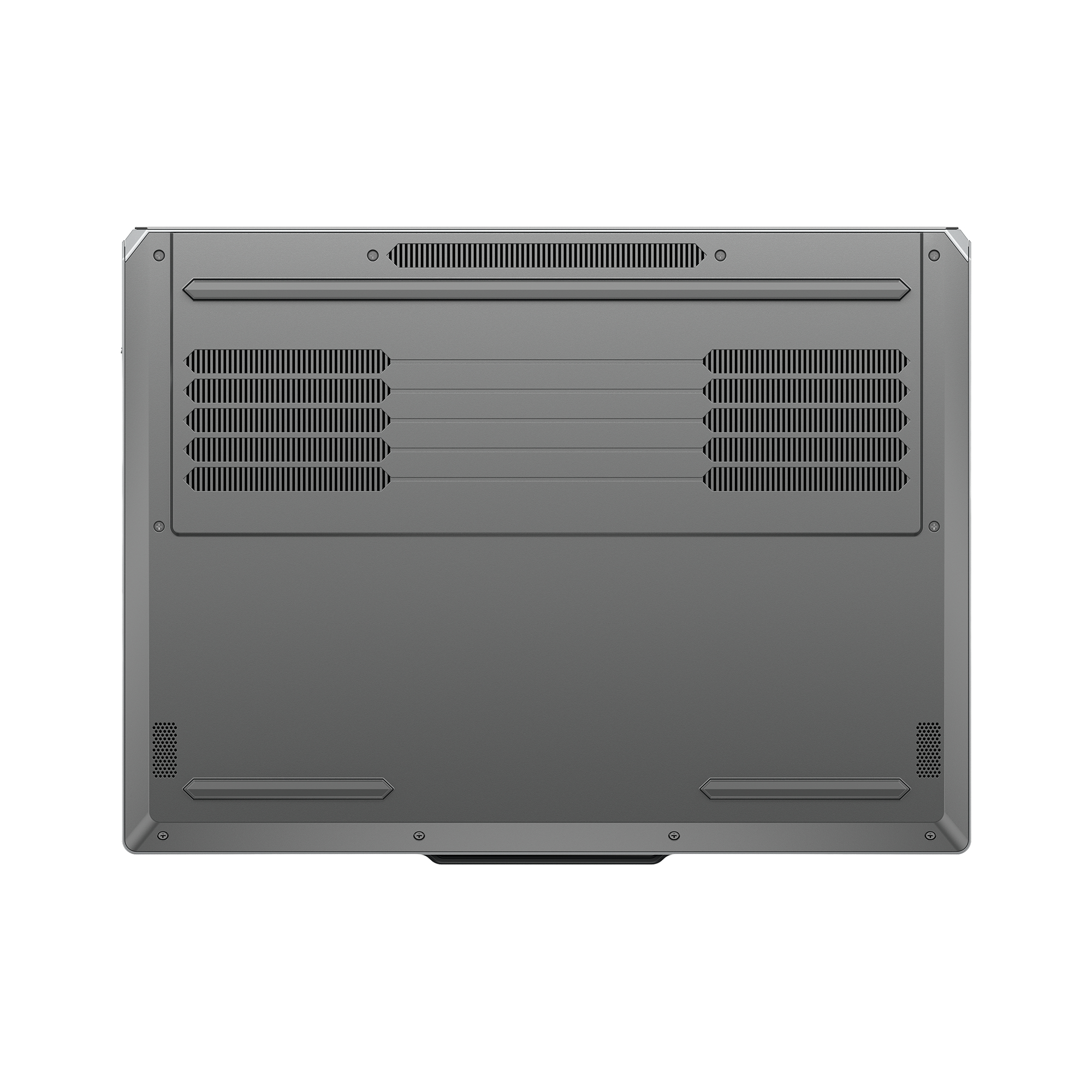 Die Unterseite eines grauen Laptops mit Belüftungsschlitzen und Schrauben.