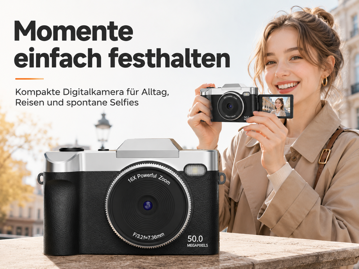 Eine Frau hält eine kompakte Digitalkamera mit Selfie-Bildschirm, im Vordergrund ein größeres Kameramodell und Text.