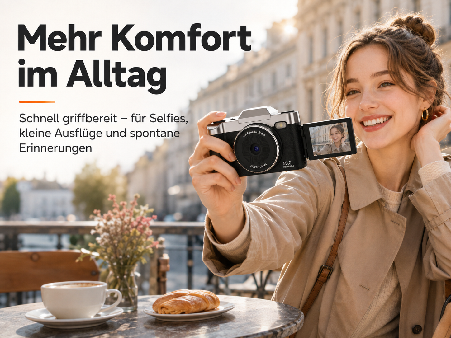 Eine lächelnde Frau macht mit einer Retro-Kamera ein Selfie in einem Straßencafé mit Kaffee und Gebäck.
