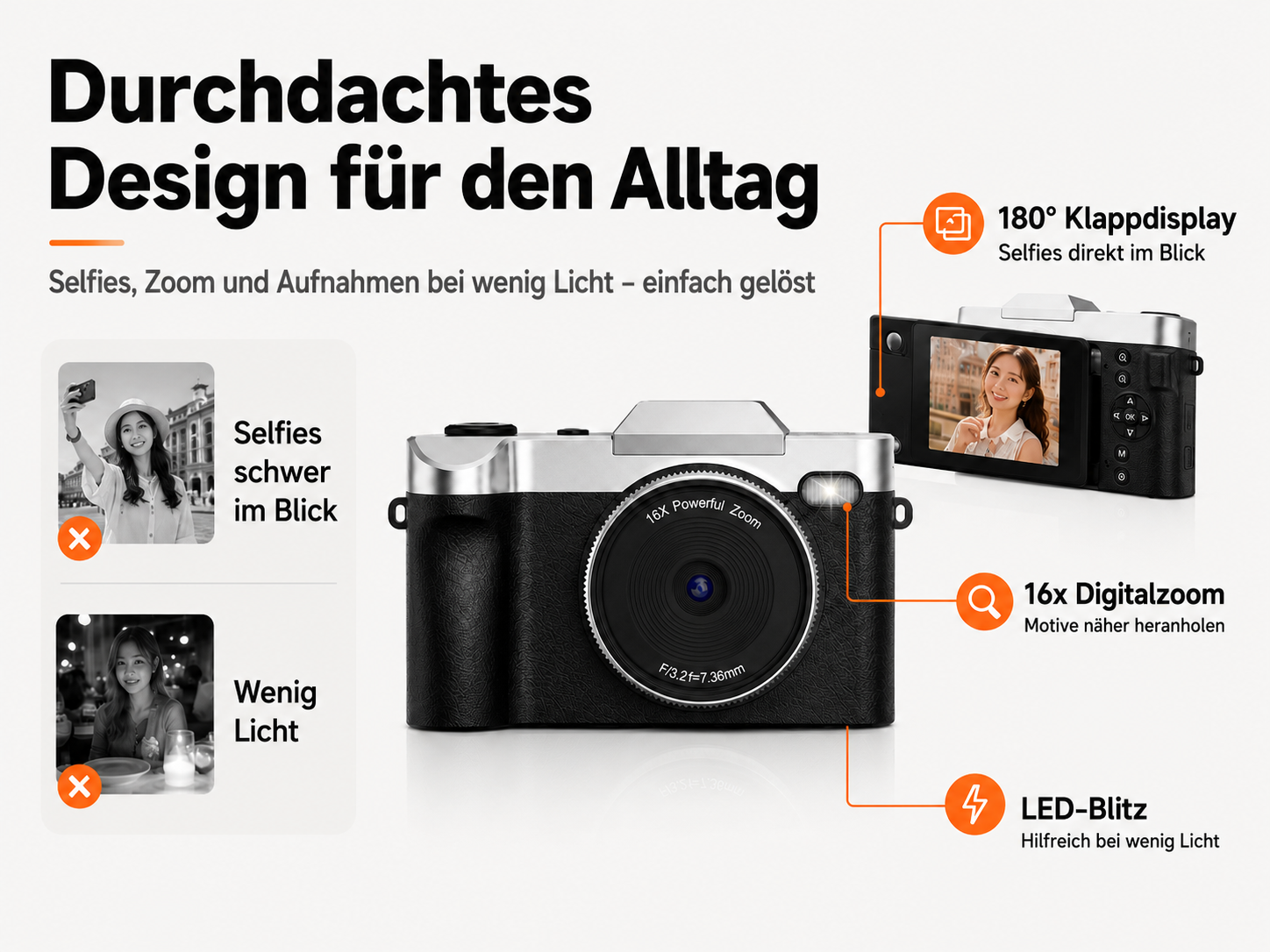Eine silber-schwarze Kamera mit 16x Zoom, LED-Blitz und klappbarem Display.