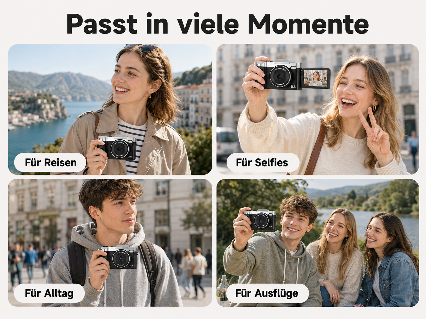 Vier Bilder zeigen Menschen mit derselben silber-schwarzen Kamera in verschiedenen Situationen wie Reisen und Alltag.