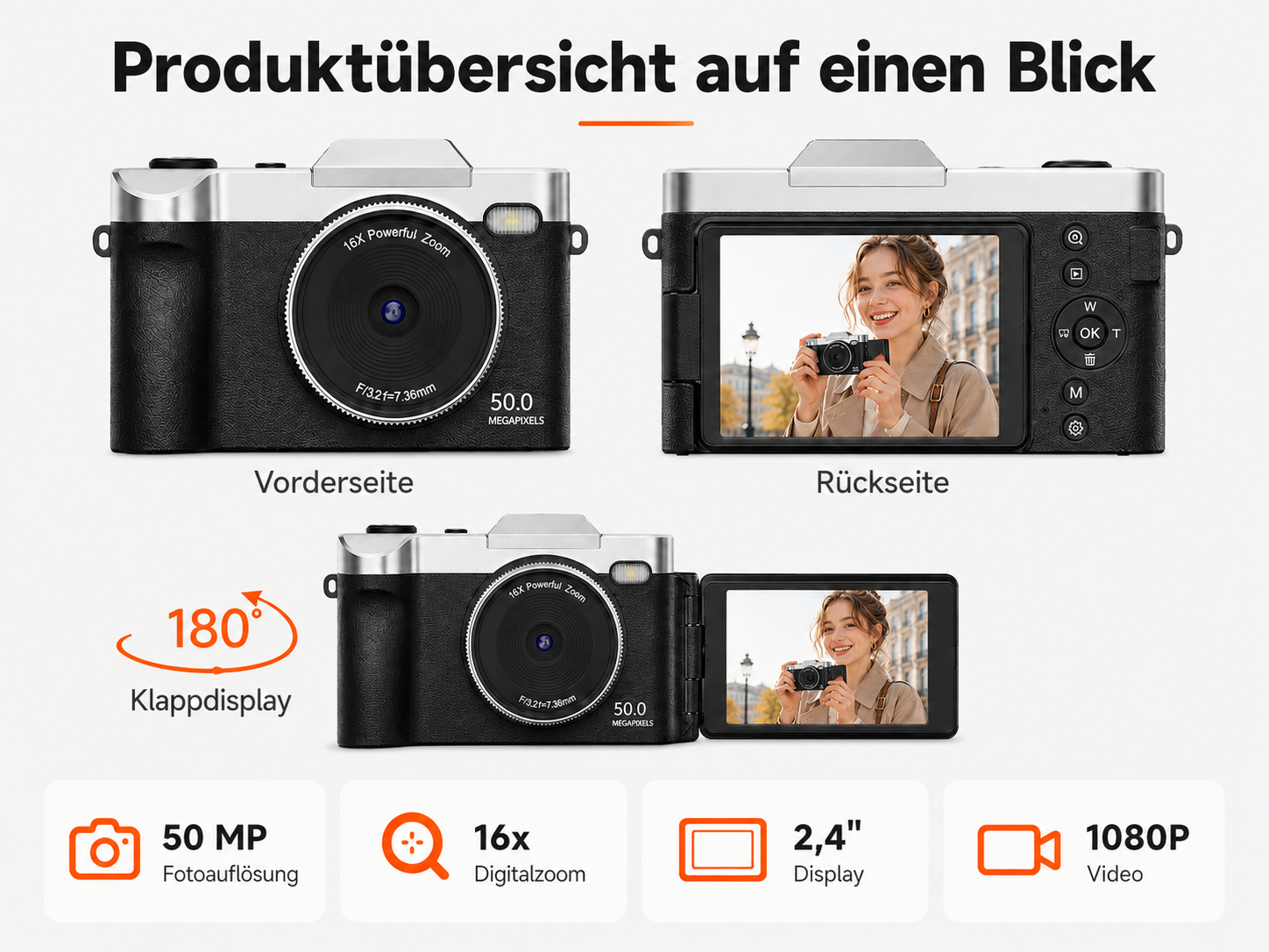 Produktübersicht einer 50MP Digitalkamera mit 180-Grad-Klappdisplay, 16-fach Zoom und 1080p Video.