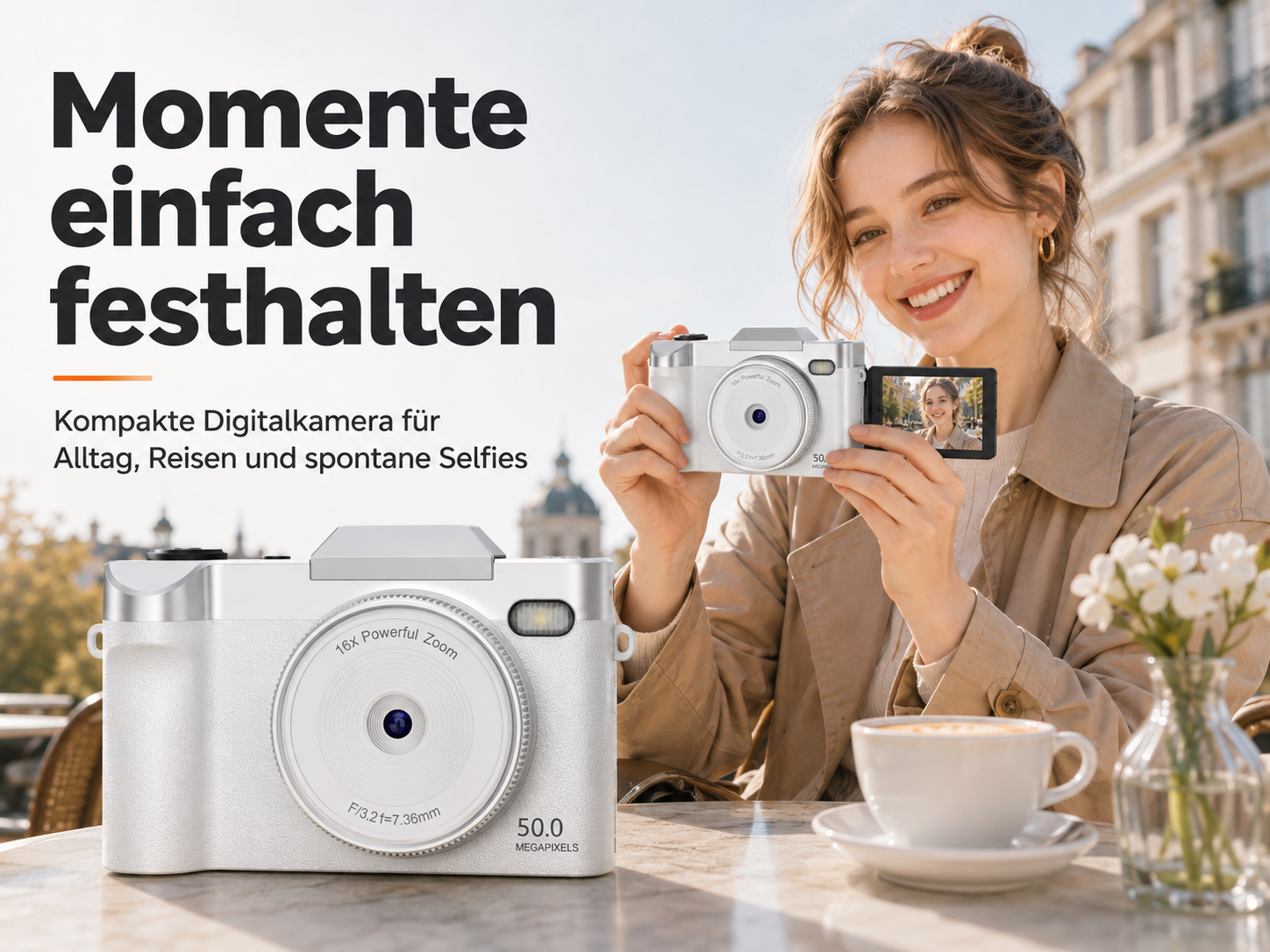 Eine Frau hält eine weiße Kompaktkamera in einem Straßencafé mit Kaffee und Blumen auf dem Tisch.