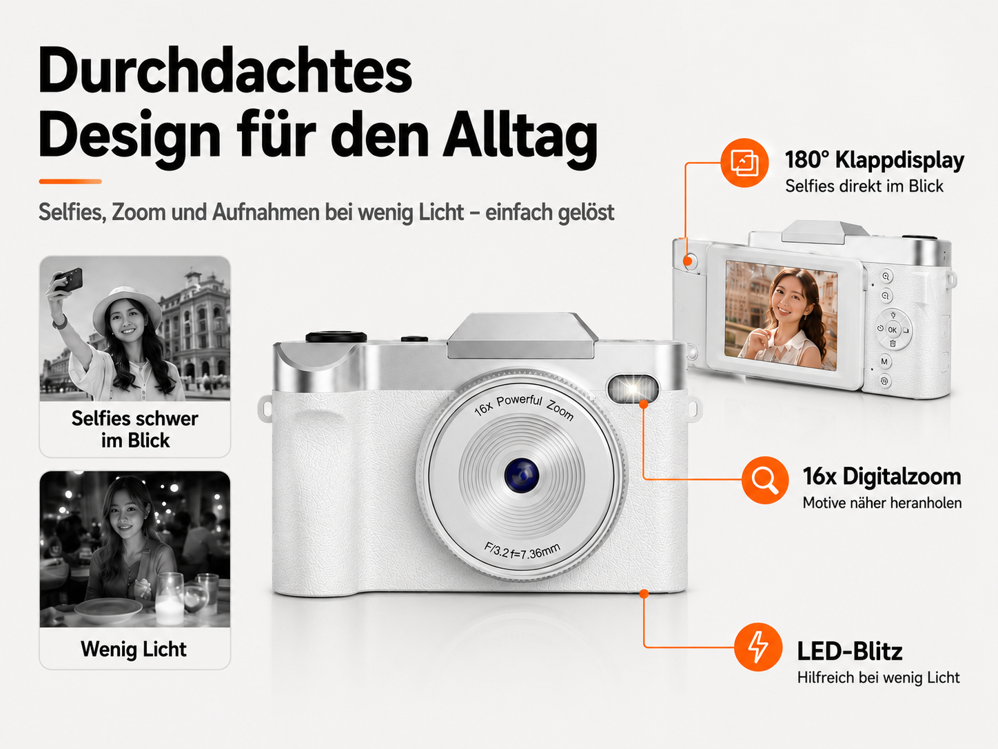 Weiße Digitalkamera mit 16x Zoom, LED-Blitz und klappbarem Display, mit Erklärungen auf Deutsch.