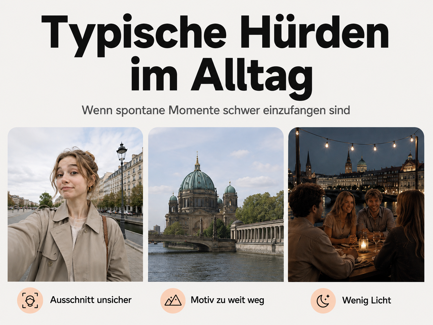 Infografik mit drei Bildern zu Fotohürden: unsicherer Ausschnitt, Motiv zu weit weg, wenig Licht.