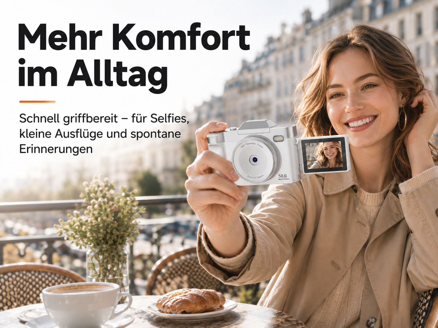 Eine junge Frau sitzt in einem Straßencafé und macht ein Selfie mit einer kleinen silbernen Kamera.