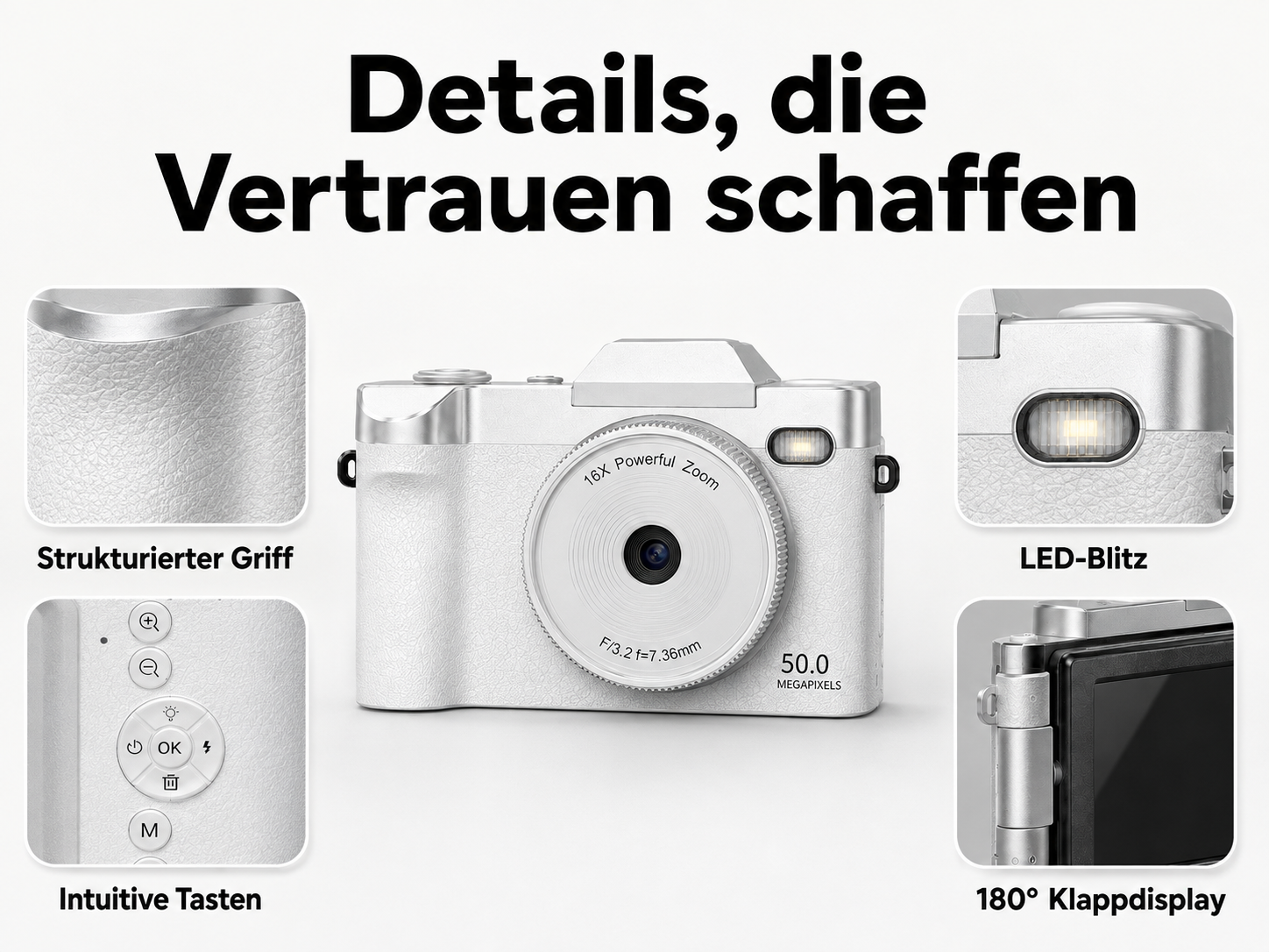 Weiße Digitalkamera mit vier Detailaufnahmen von Griff, Tasten, LED-Blitz und Klappdisplay.