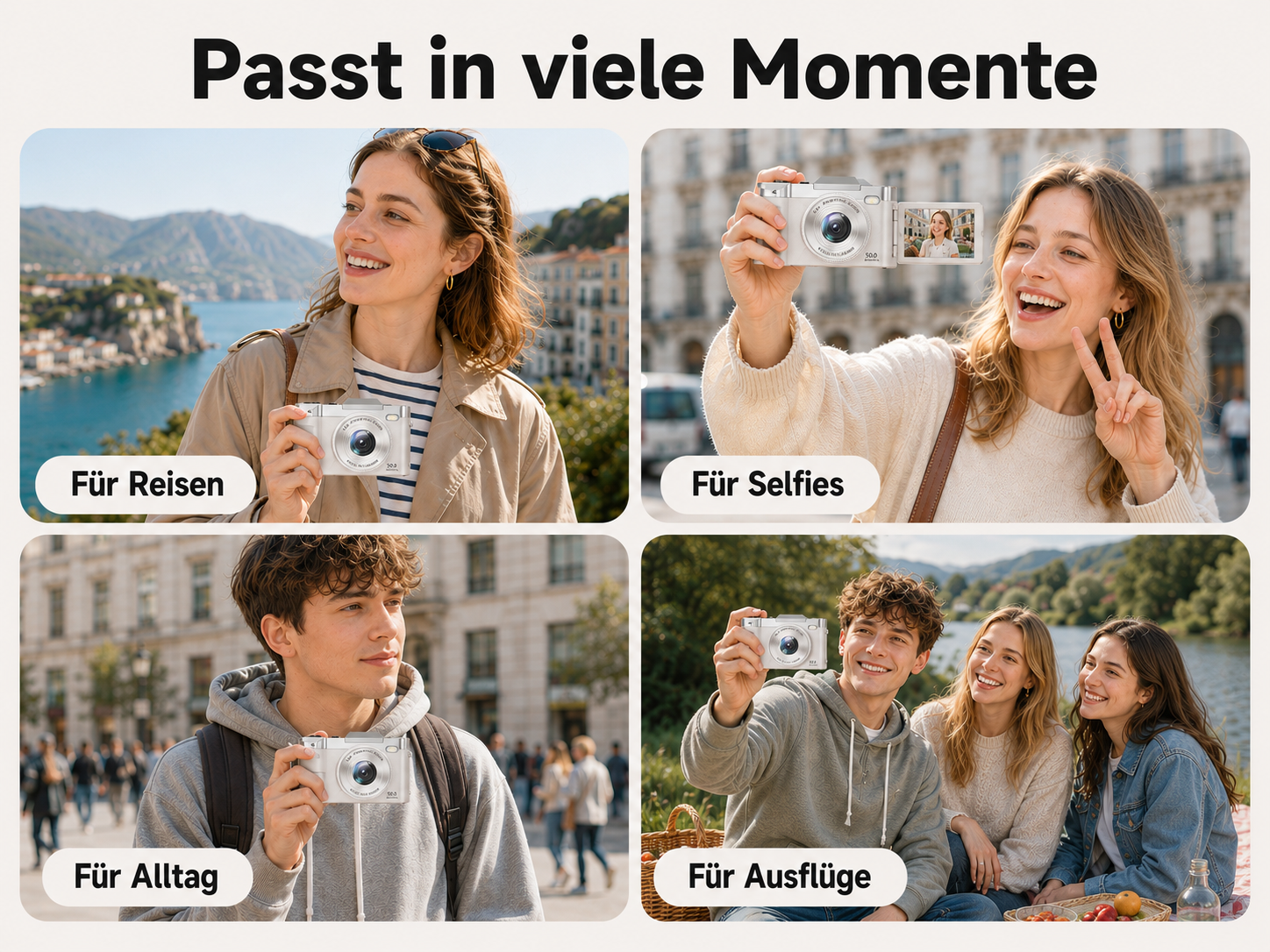 Vier Bilder zeigen Menschen mit einer silbernen Kompaktkamera bei Reisen, Selfies, im Alltag und bei Ausflügen.