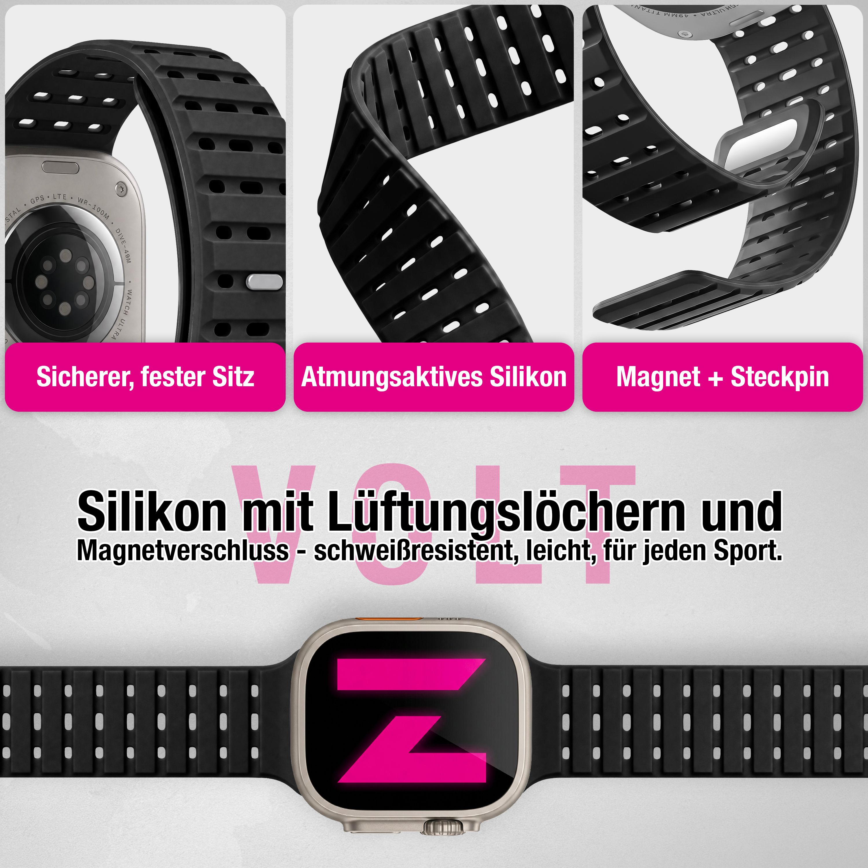 Cinturino per orologio sportivo in silicone nero con fori di ventilazione, chiusura magnetica e fit sicuro.