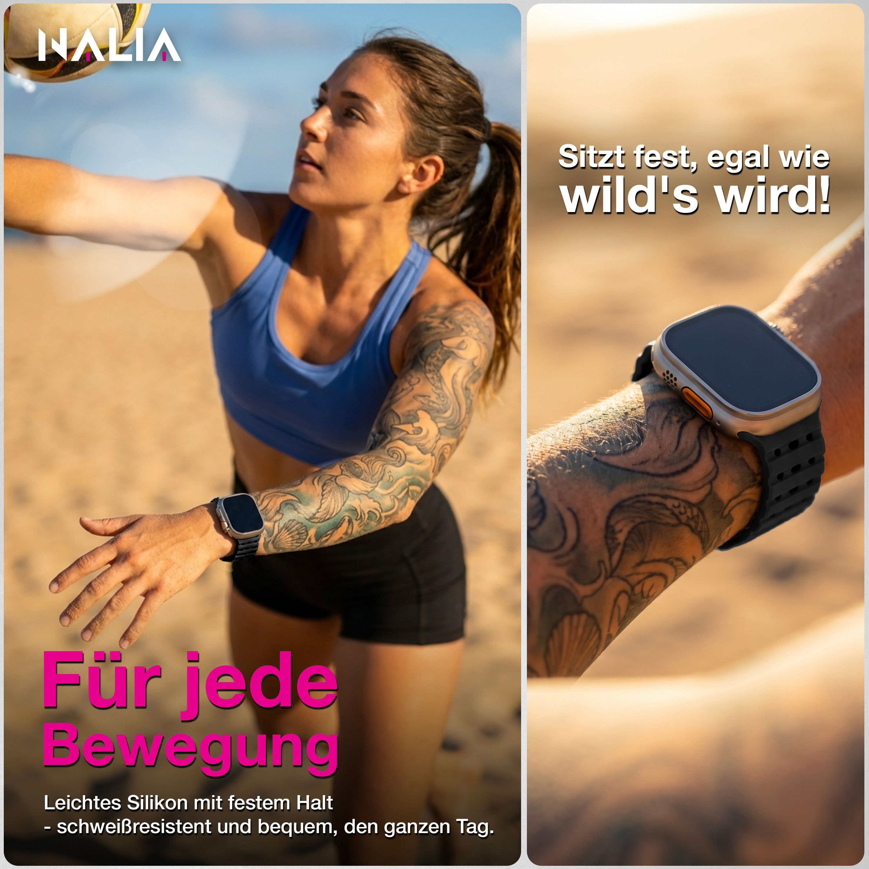 Una donna tatuata in top blu gioca a beach volley con uno smartwatch nero.
