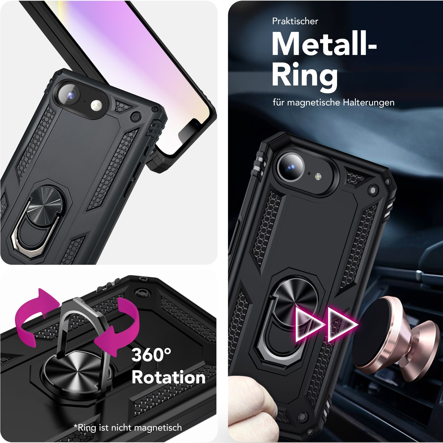 Custodia per telefono nera e robusta con anello metallico girevole a 360 gradi e supporto magnetico.